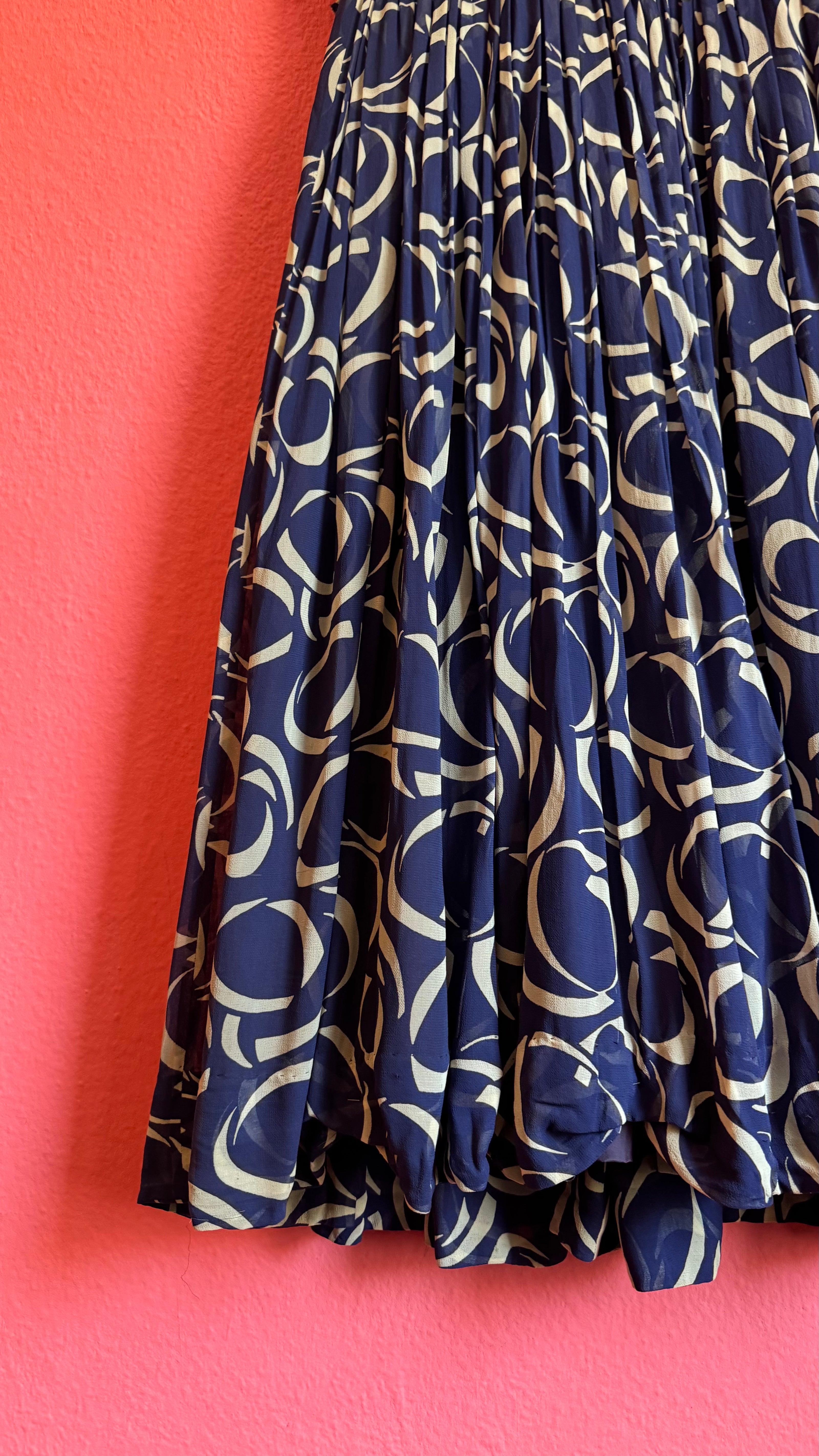 1980s Navy Geometric Pleated Dress