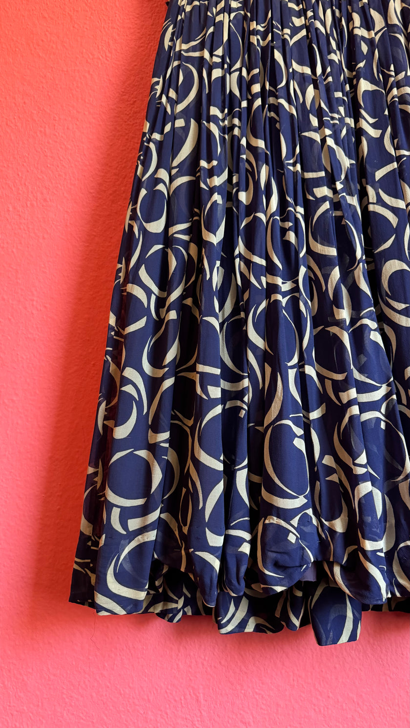 1980s Navy Geometric Pleated Dress
