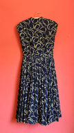 1980s Navy Geometric Pleated Dress