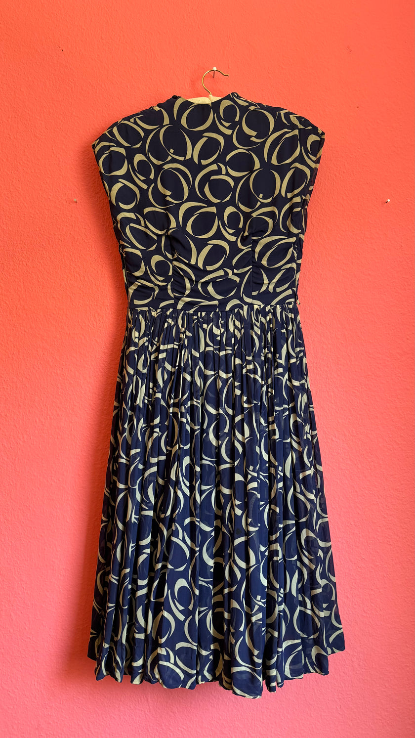 1980s Navy Geometric Pleated Dress