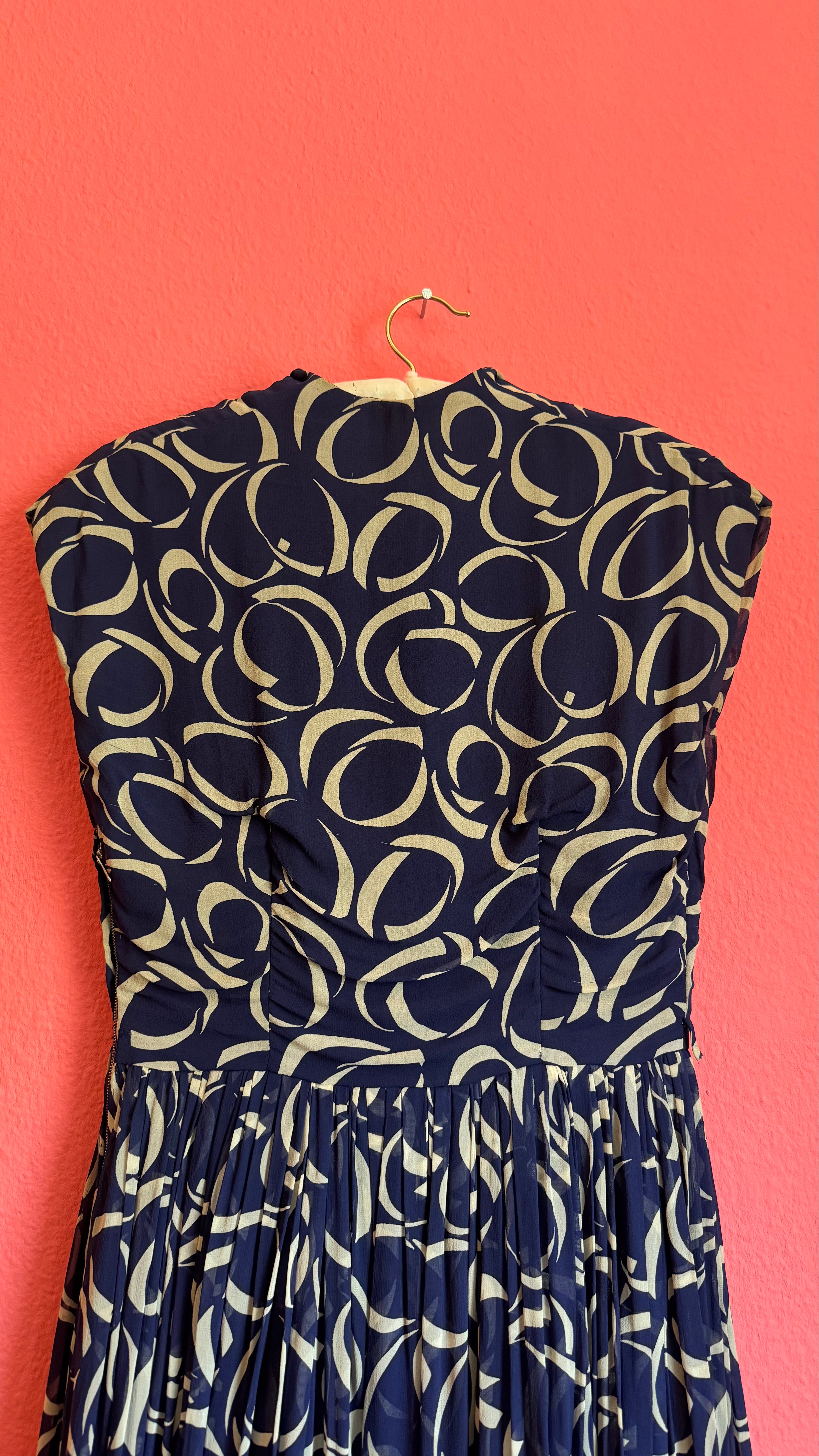1980s Navy Geometric Pleated Dress