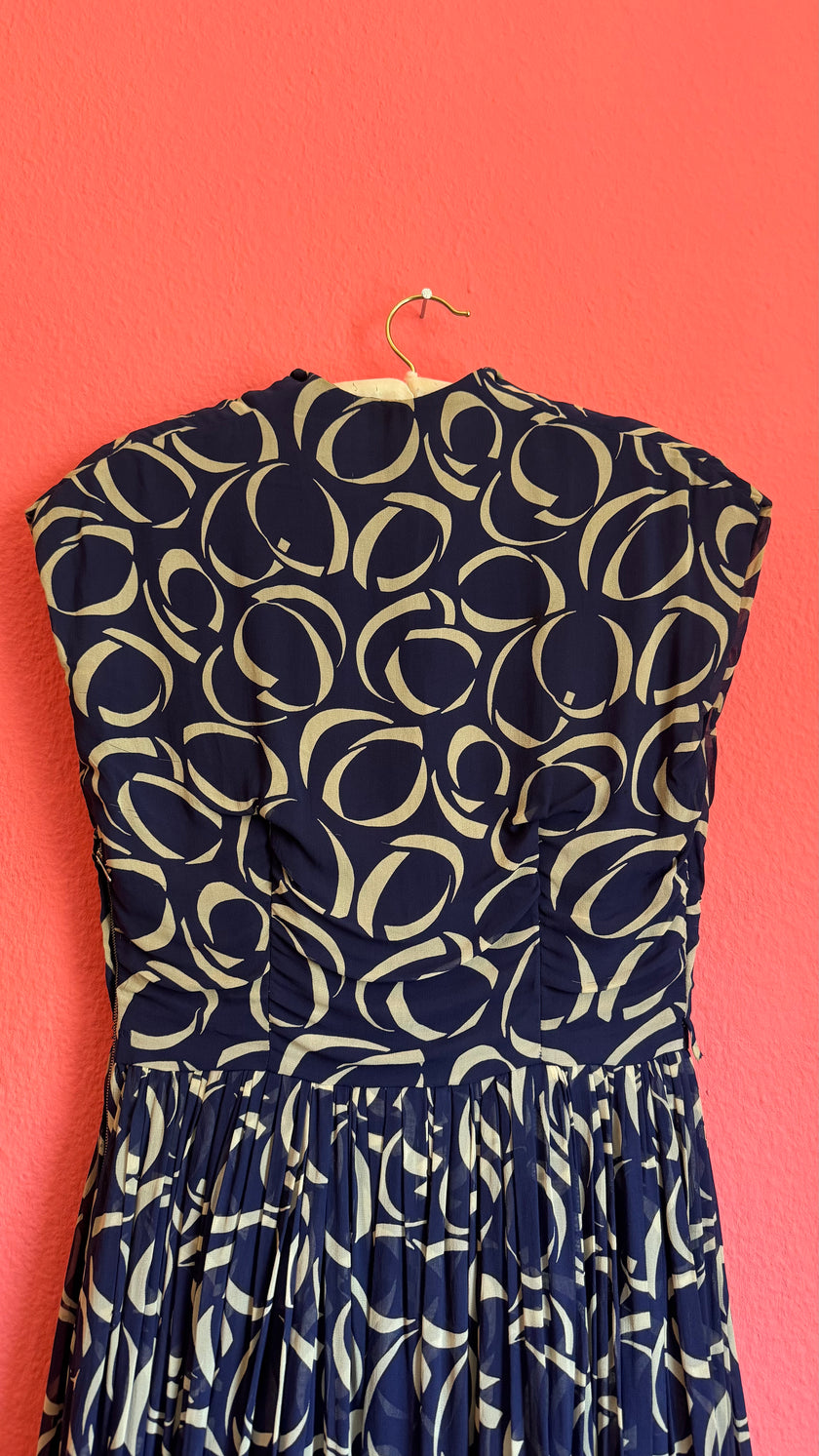 1980s Navy Geometric Pleated Dress