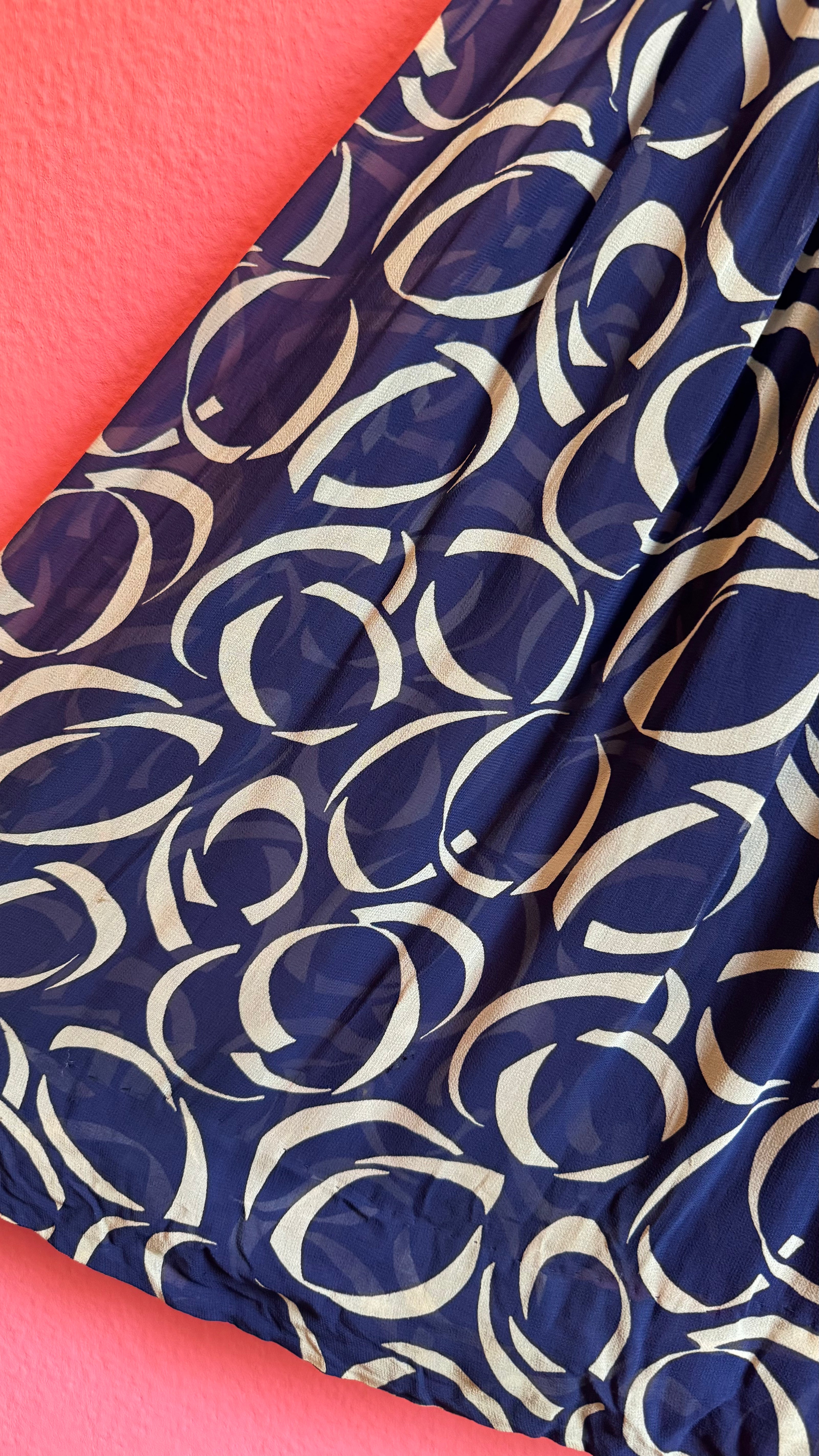 1980s Navy Geometric Pleated Dress