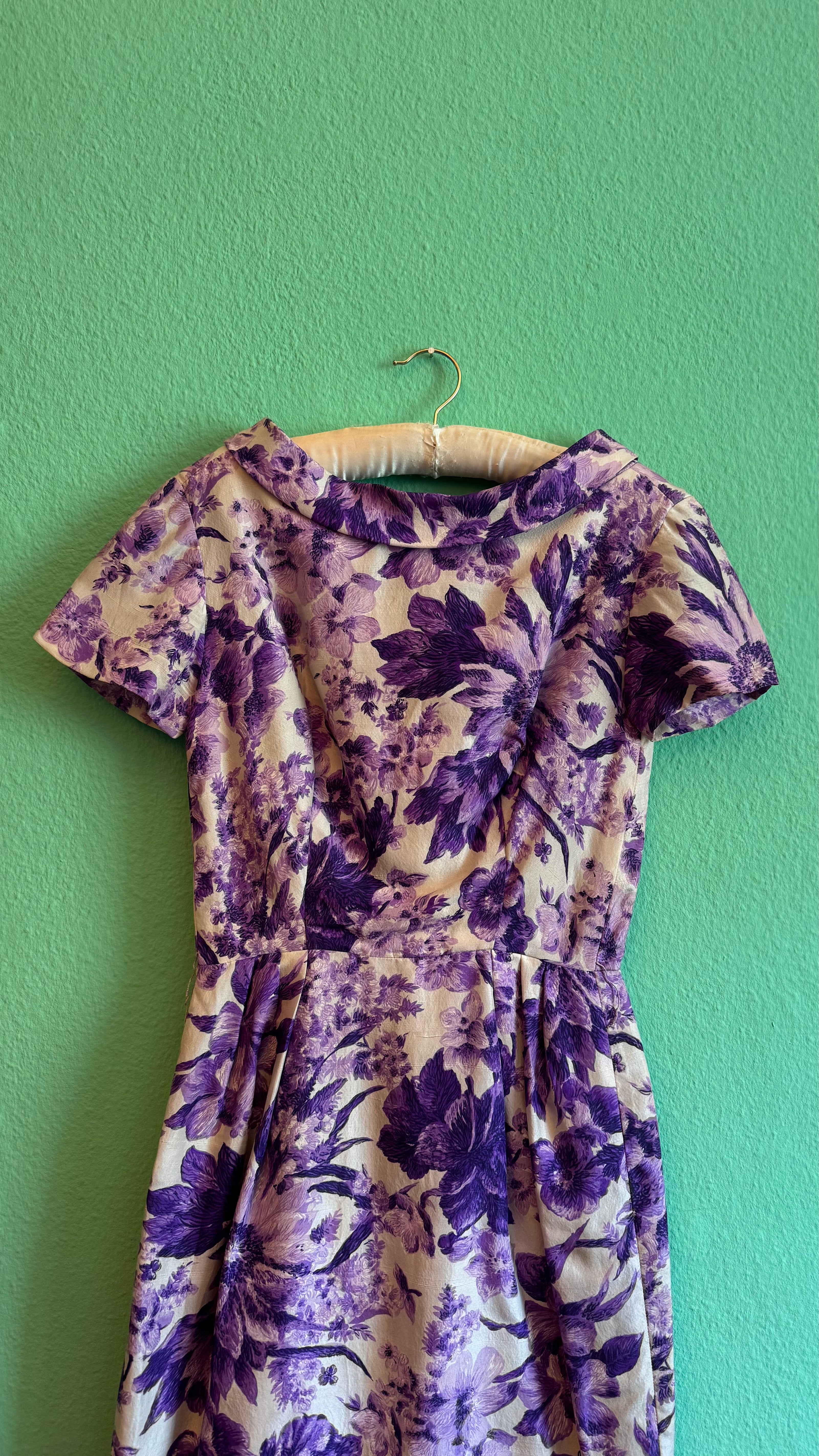 1950s Purple Floral Cocktail Dress