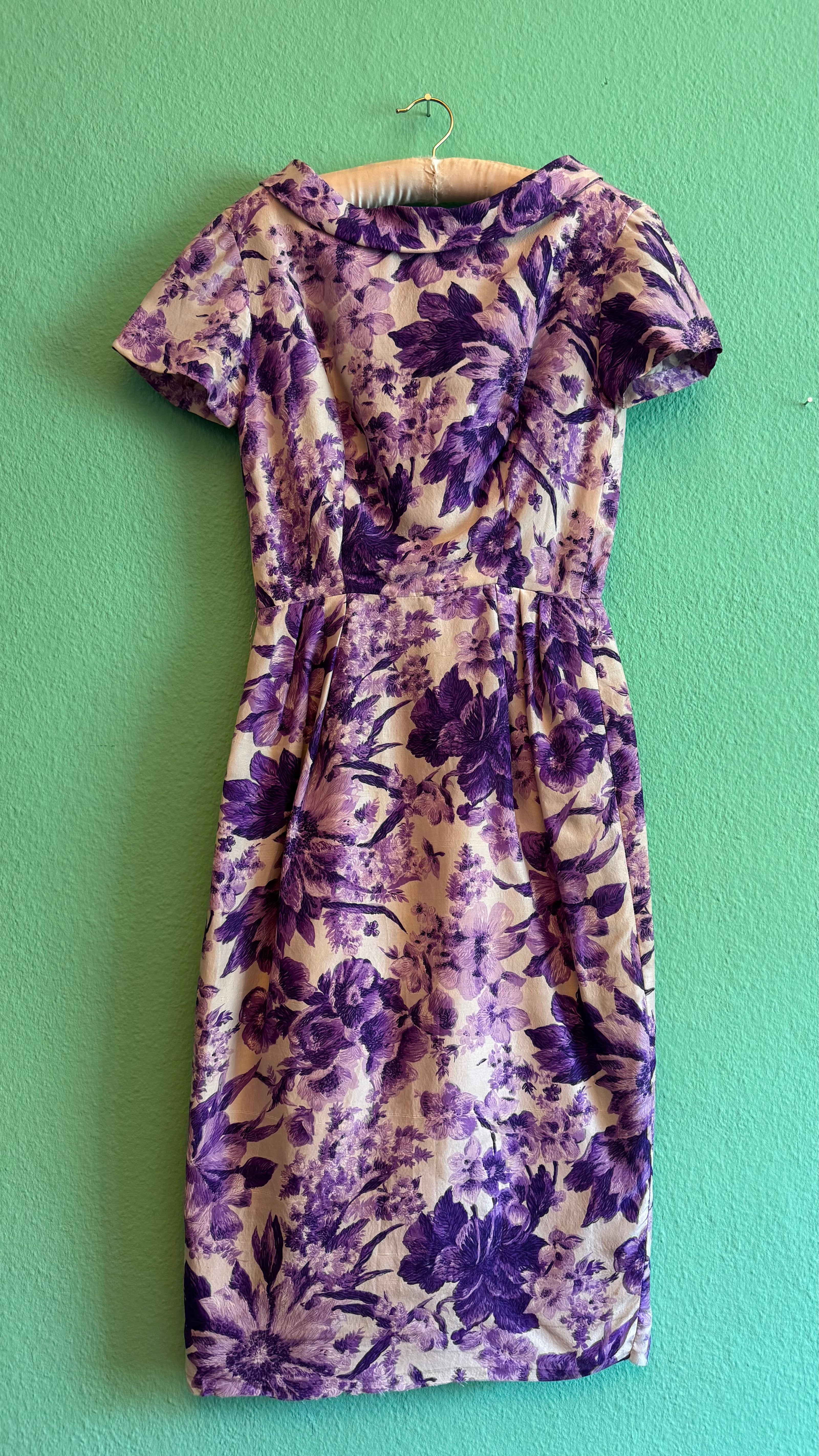 1950s Purple Floral Cocktail Dress