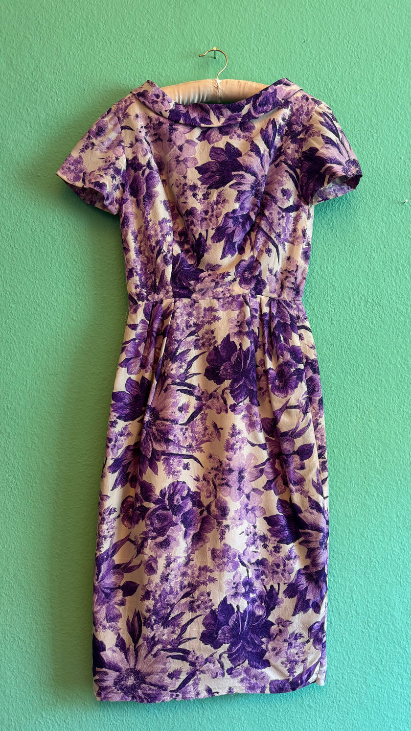 1950s Purple Floral Cocktail Dress