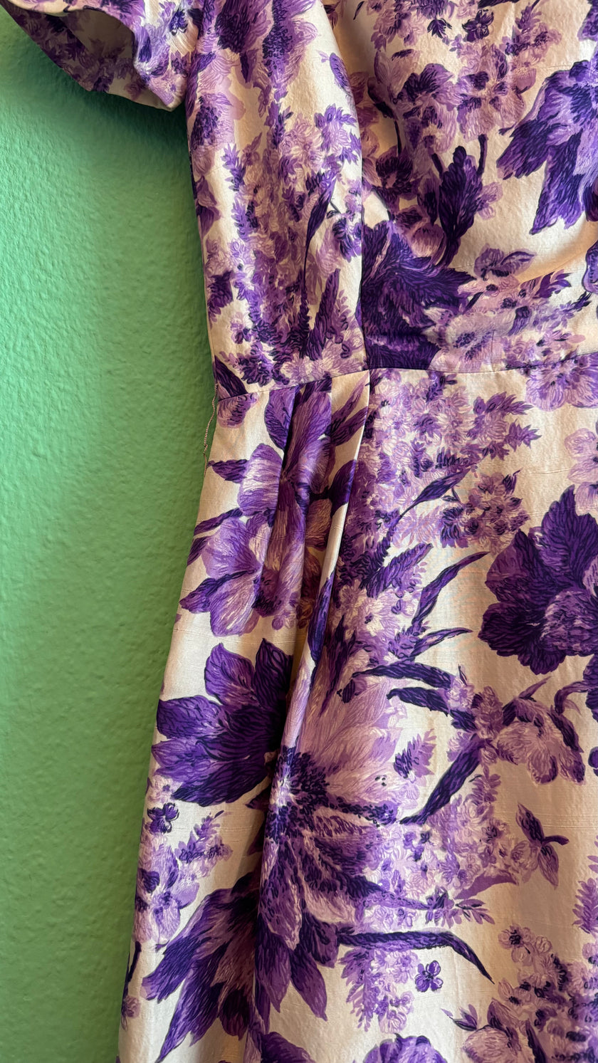 1950s Purple Floral Cocktail Dress