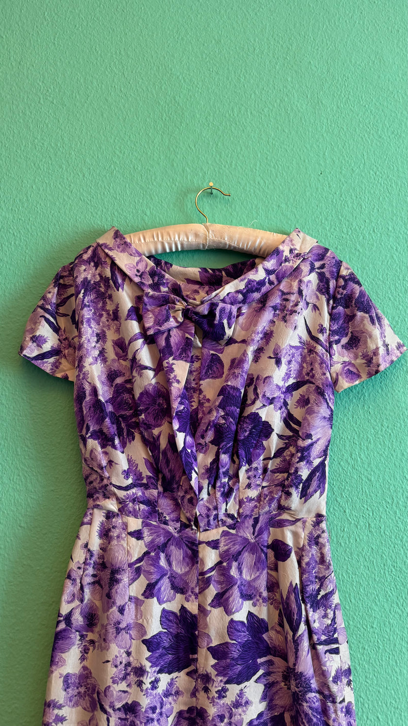 1950s Purple Floral Cocktail Dress