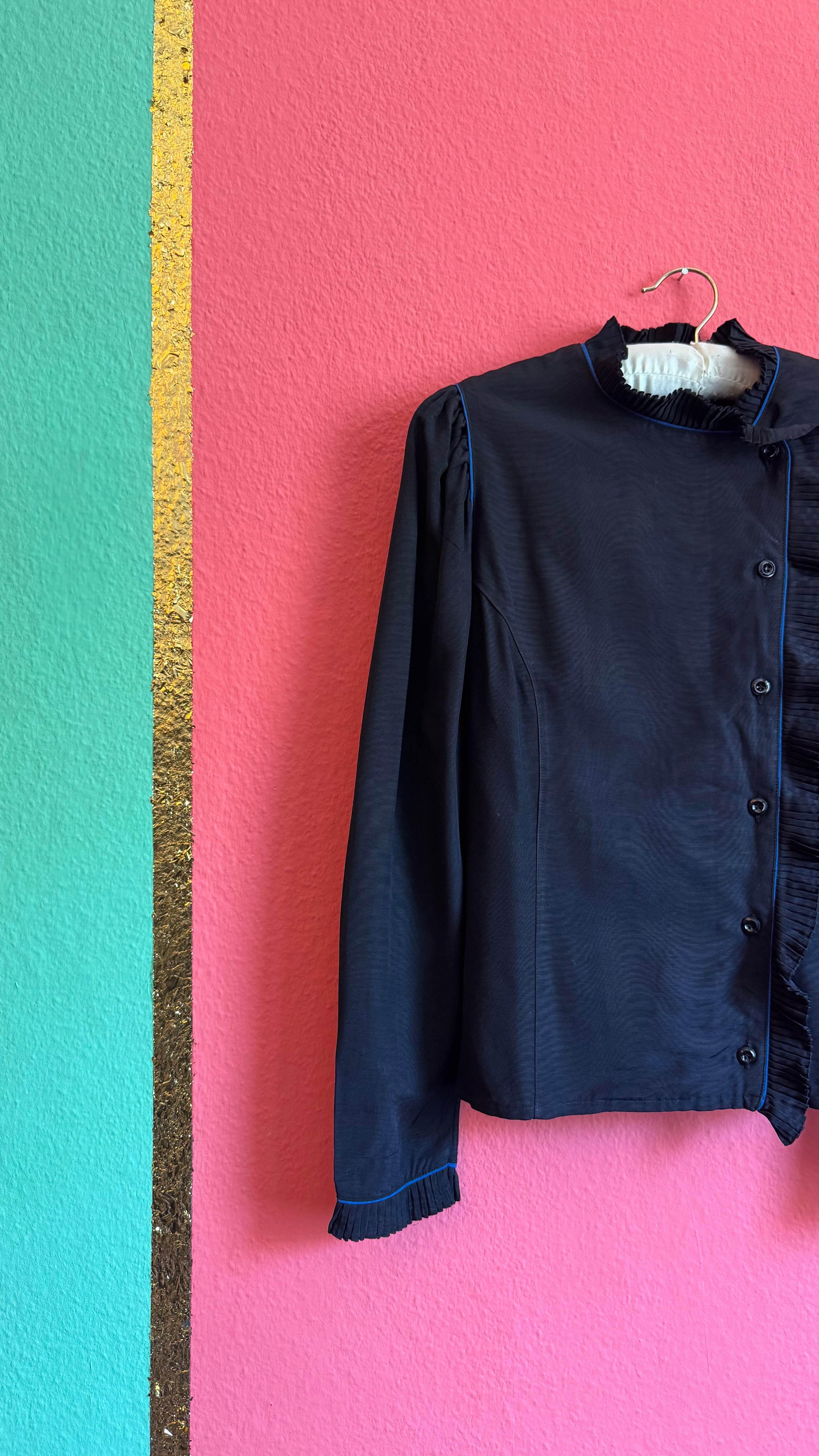 Black Ruffle Blouse With Blue Piping