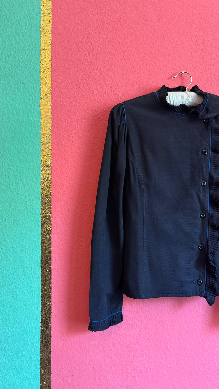 Black Ruffle Blouse With Blue Piping