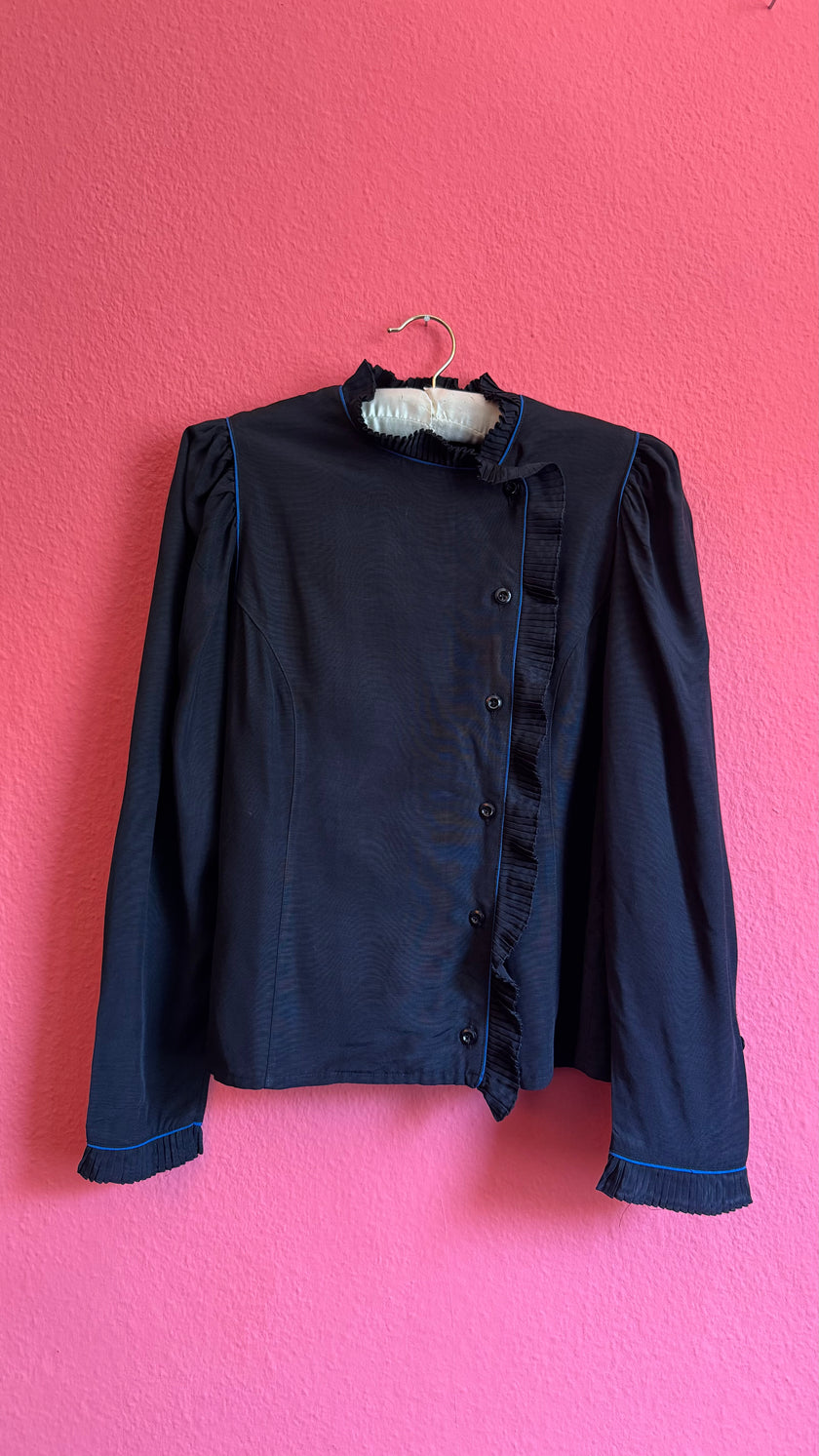 Black Ruffle Blouse With Blue Piping