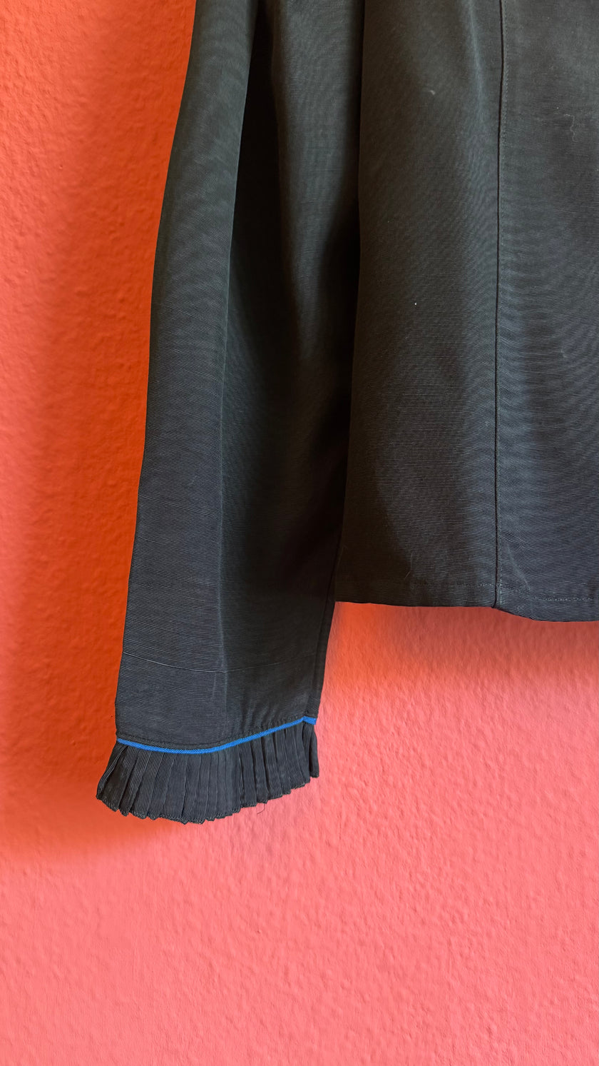 Black Ruffle Blouse With Blue Piping