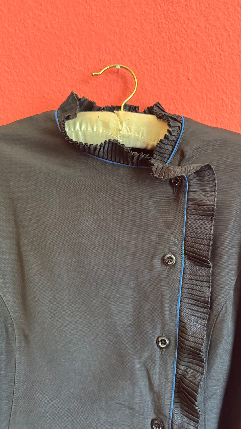 Black Ruffle Blouse With Blue Piping