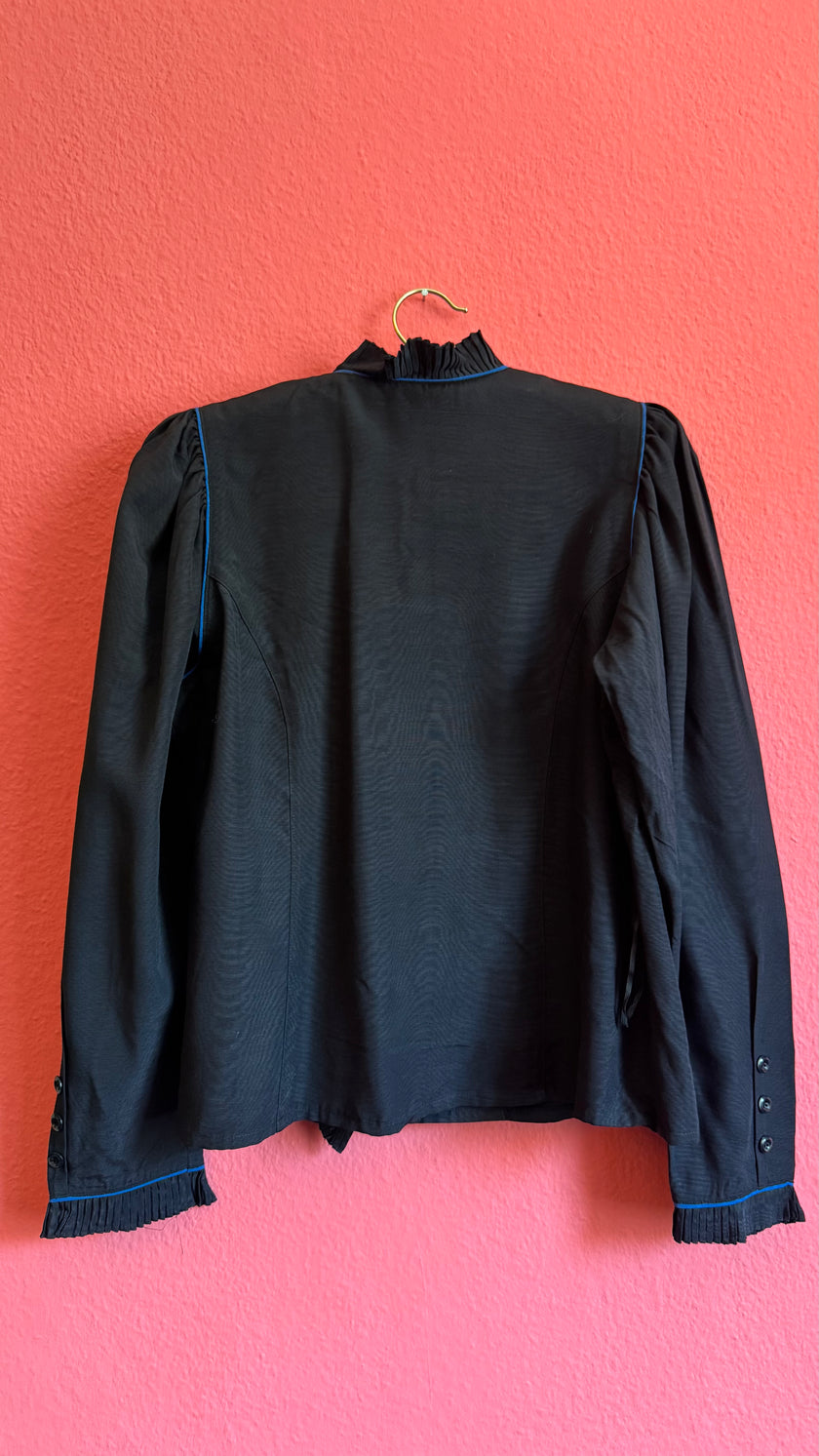 Black Ruffle Blouse With Blue Piping