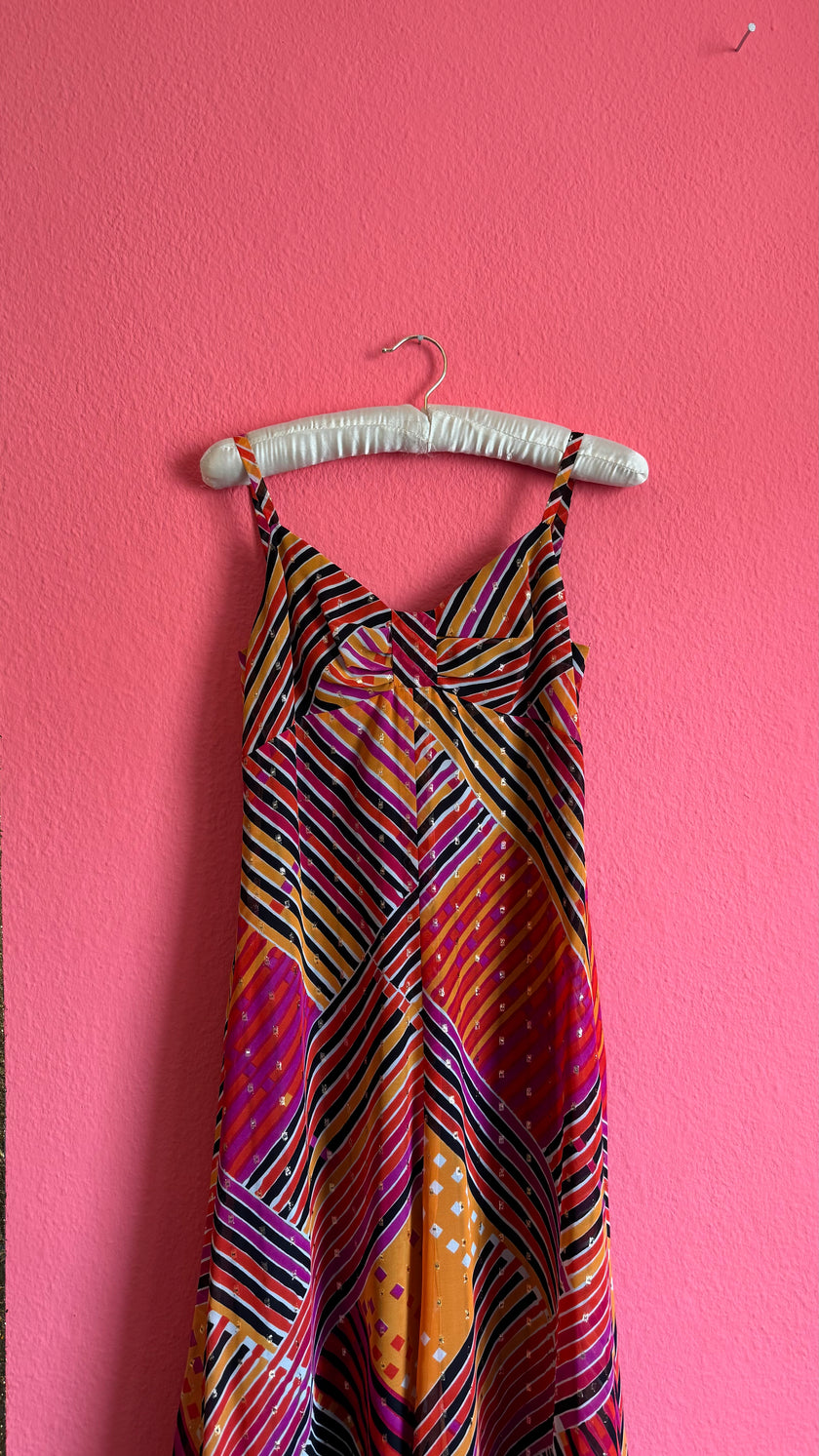 Women’s Geometric Maxi Dress With Gold Metallic Thread | 1970s