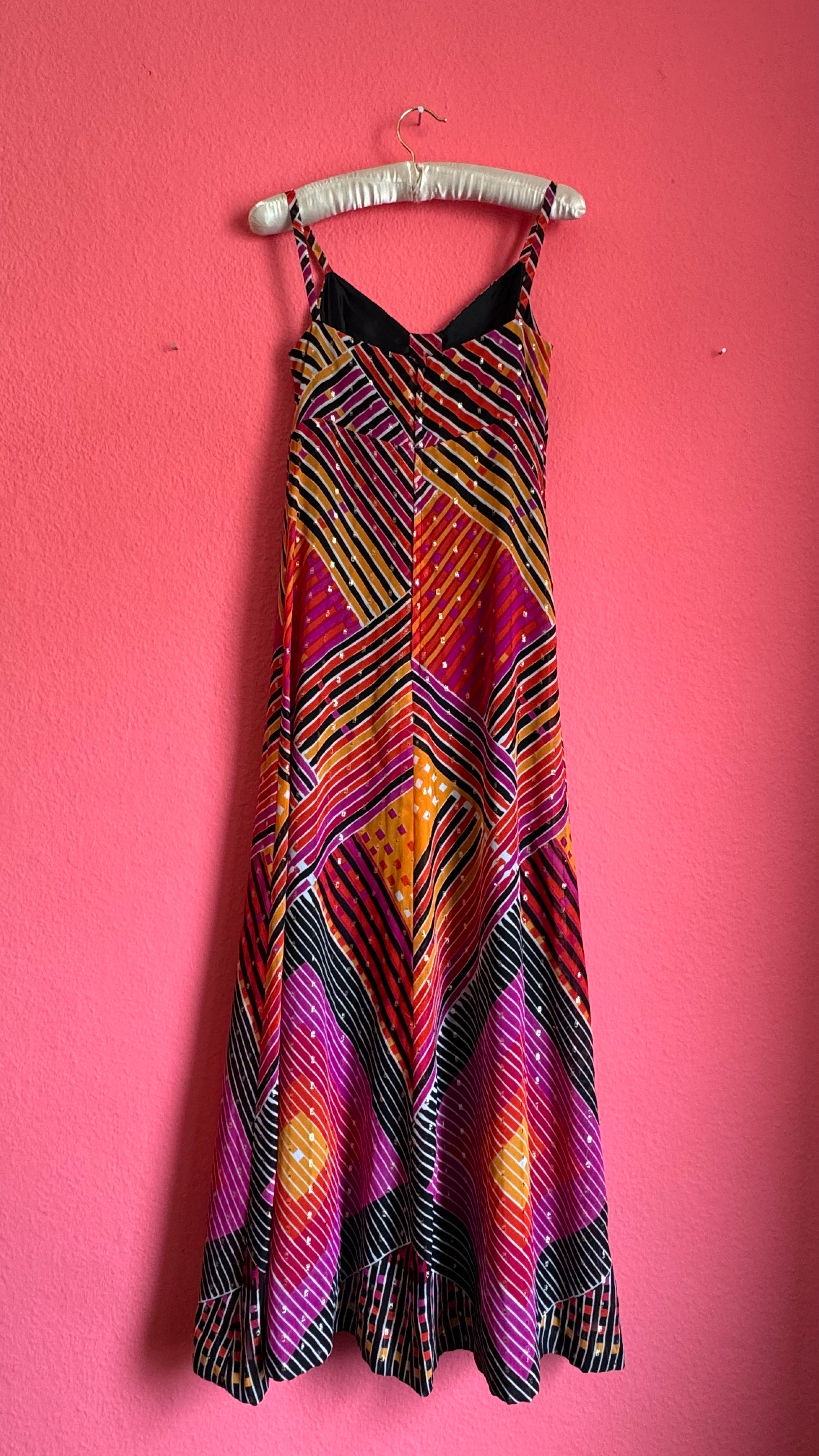 Women’s Geometric Maxi Dress With Gold Metallic Thread | 1970s