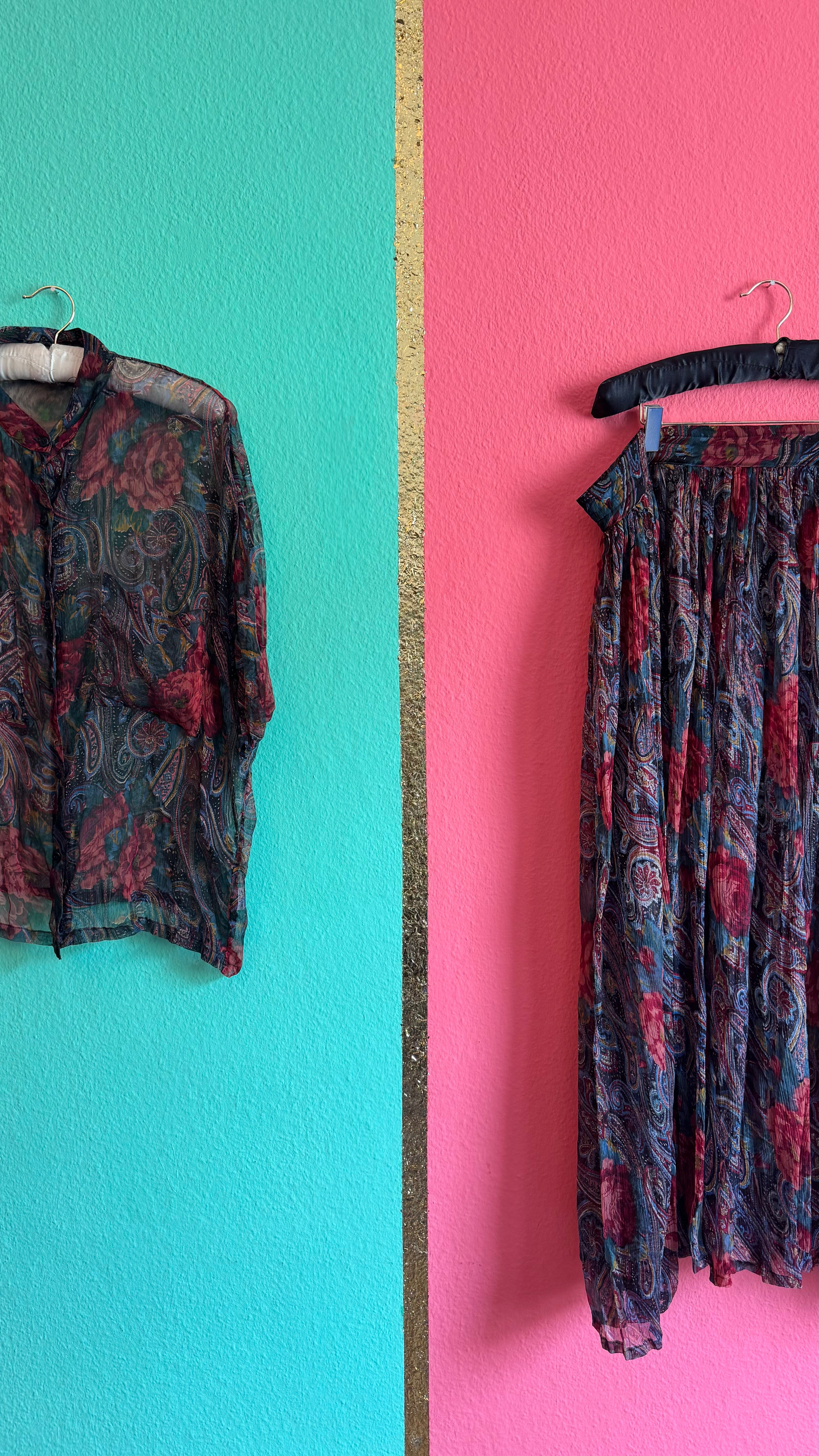 Paisley Floral Sheer Blouse and Pleated Skirt Set | 1980s