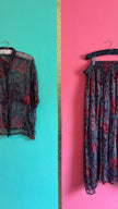 Paisley Floral Sheer Blouse and Pleated Skirt Set | 1980s