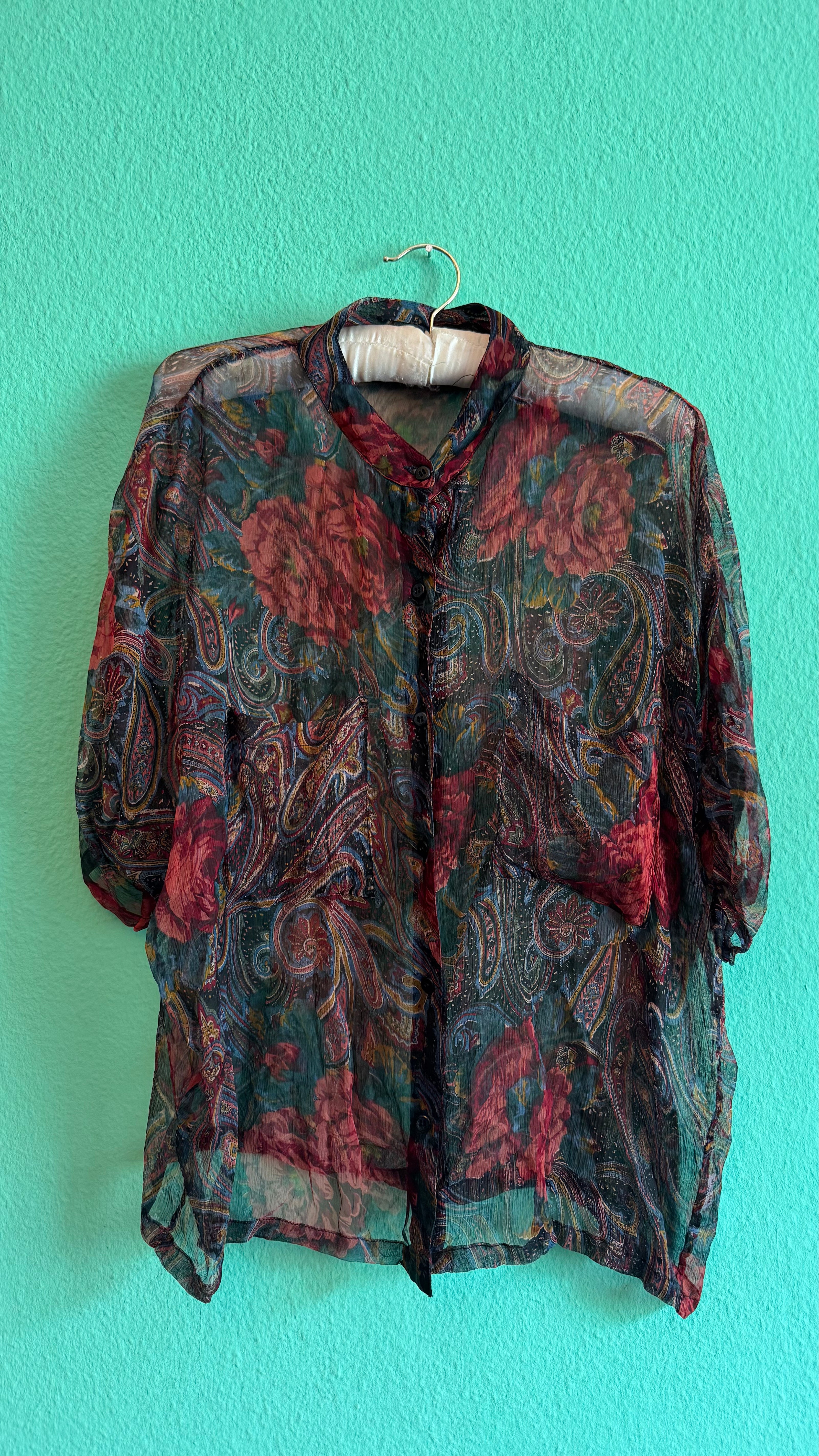 Paisley Floral Sheer Blouse and Pleated Skirt Set | 1980s
