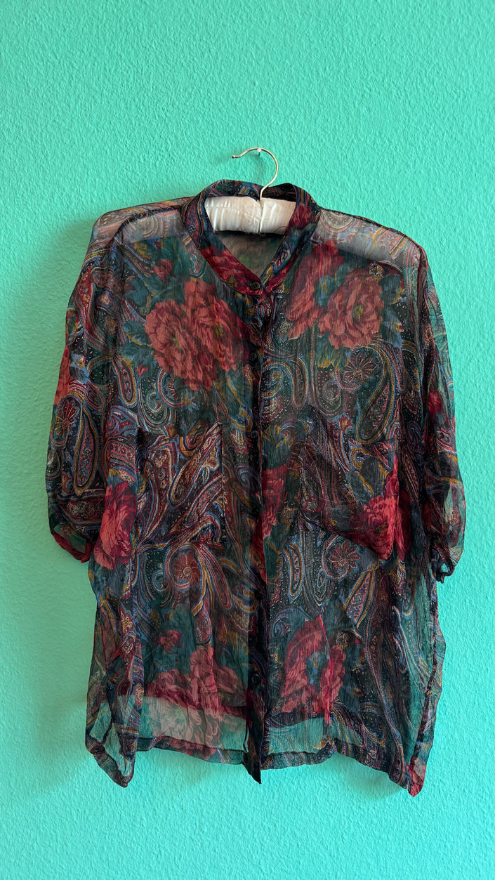 Paisley Floral Sheer Blouse and Pleated Skirt Set | 1980s
