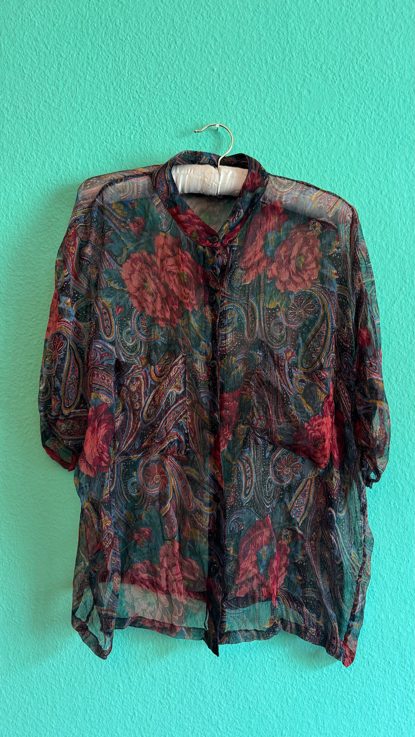 Paisley Floral Sheer Blouse and Pleated Skirt Set | 1980s