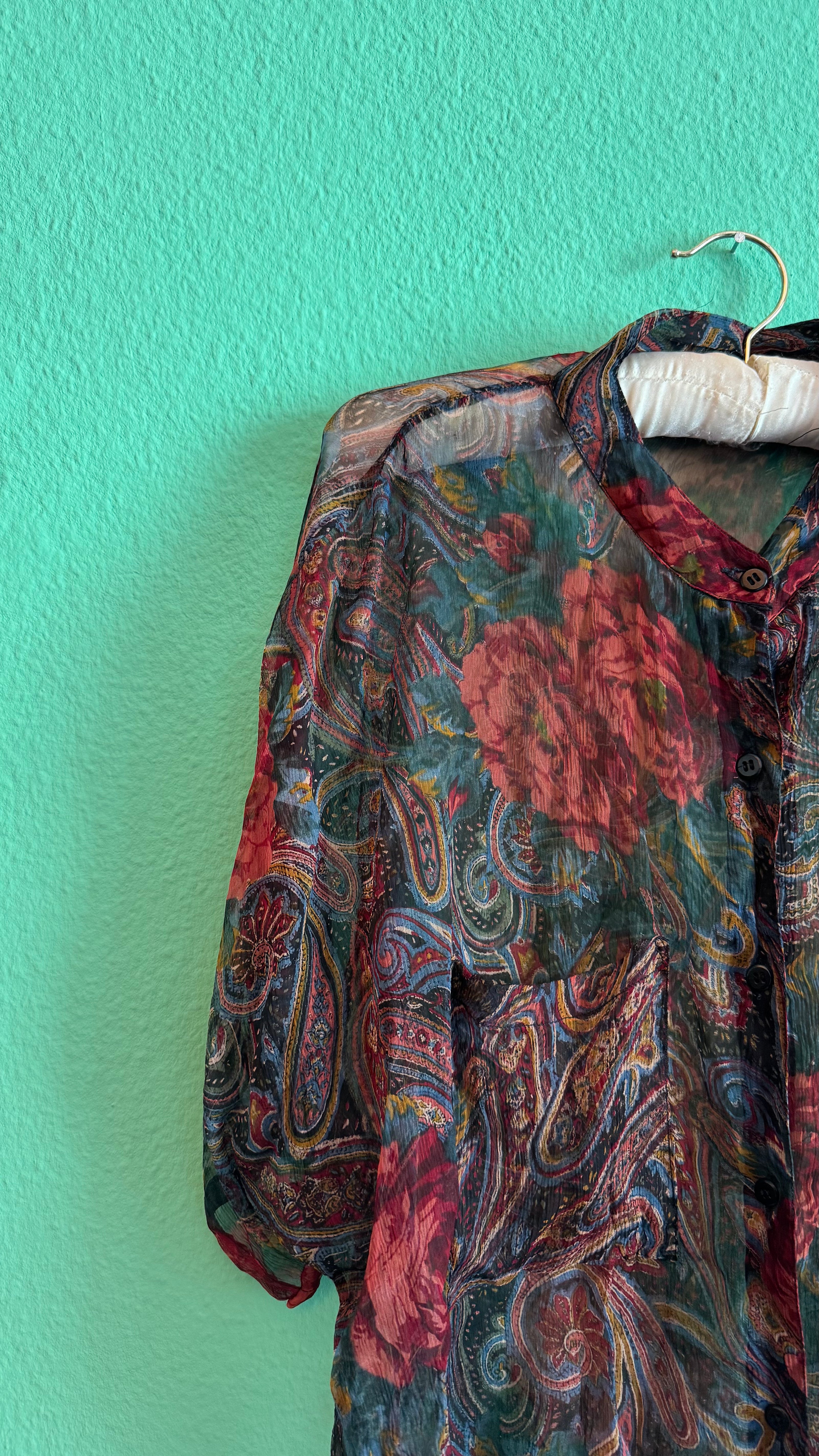 Paisley Floral Sheer Blouse and Pleated Skirt Set | 1980s