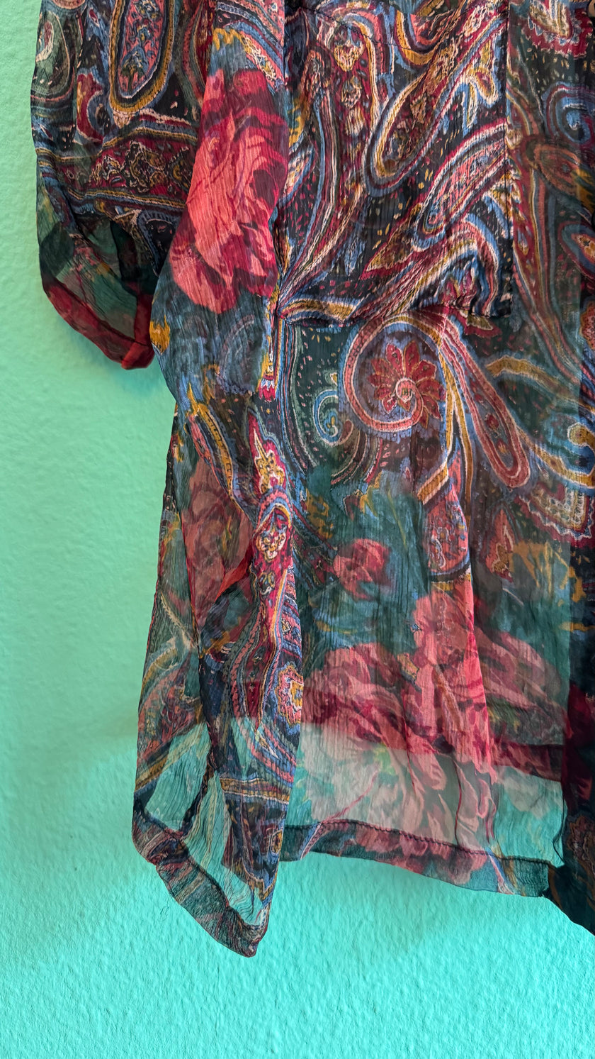 Paisley Floral Sheer Blouse and Pleated Skirt Set | 1980s