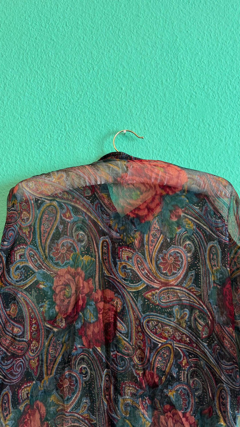 Paisley Floral Sheer Blouse and Pleated Skirt Set | 1980s