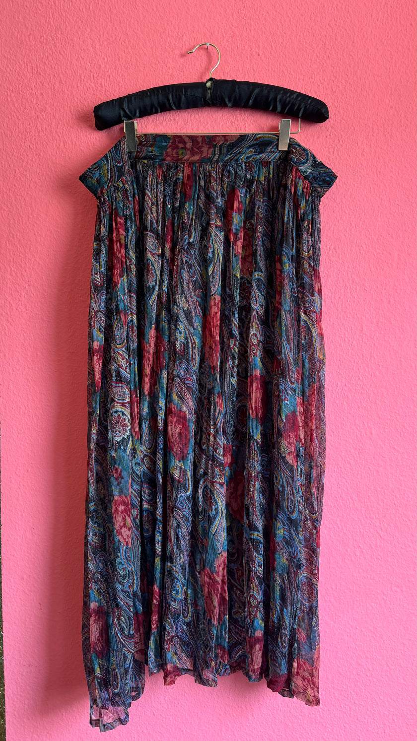 Paisley Floral Sheer Blouse and Pleated Skirt Set | 1980s