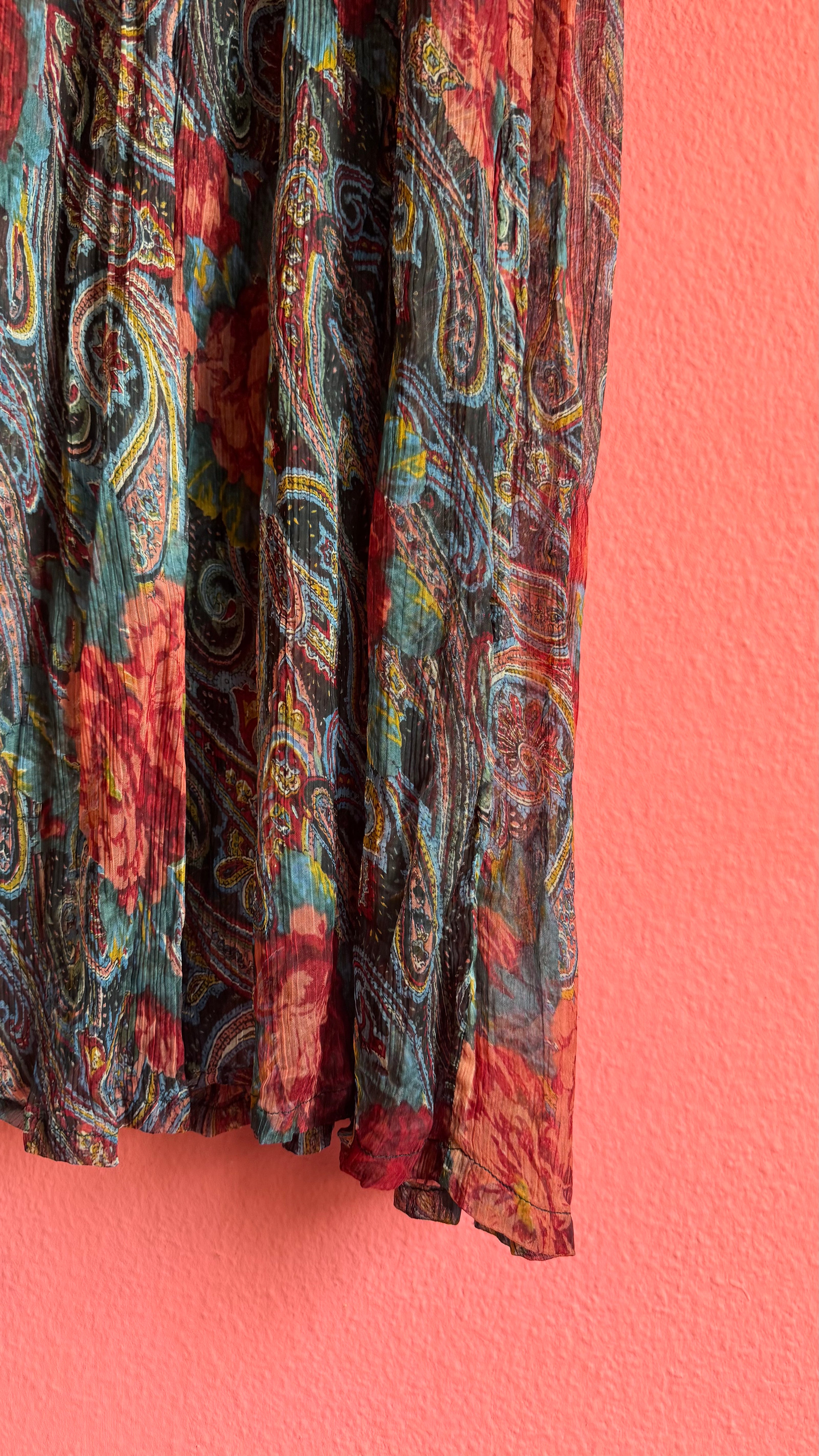 Paisley Floral Sheer Blouse and Pleated Skirt Set | 1980s