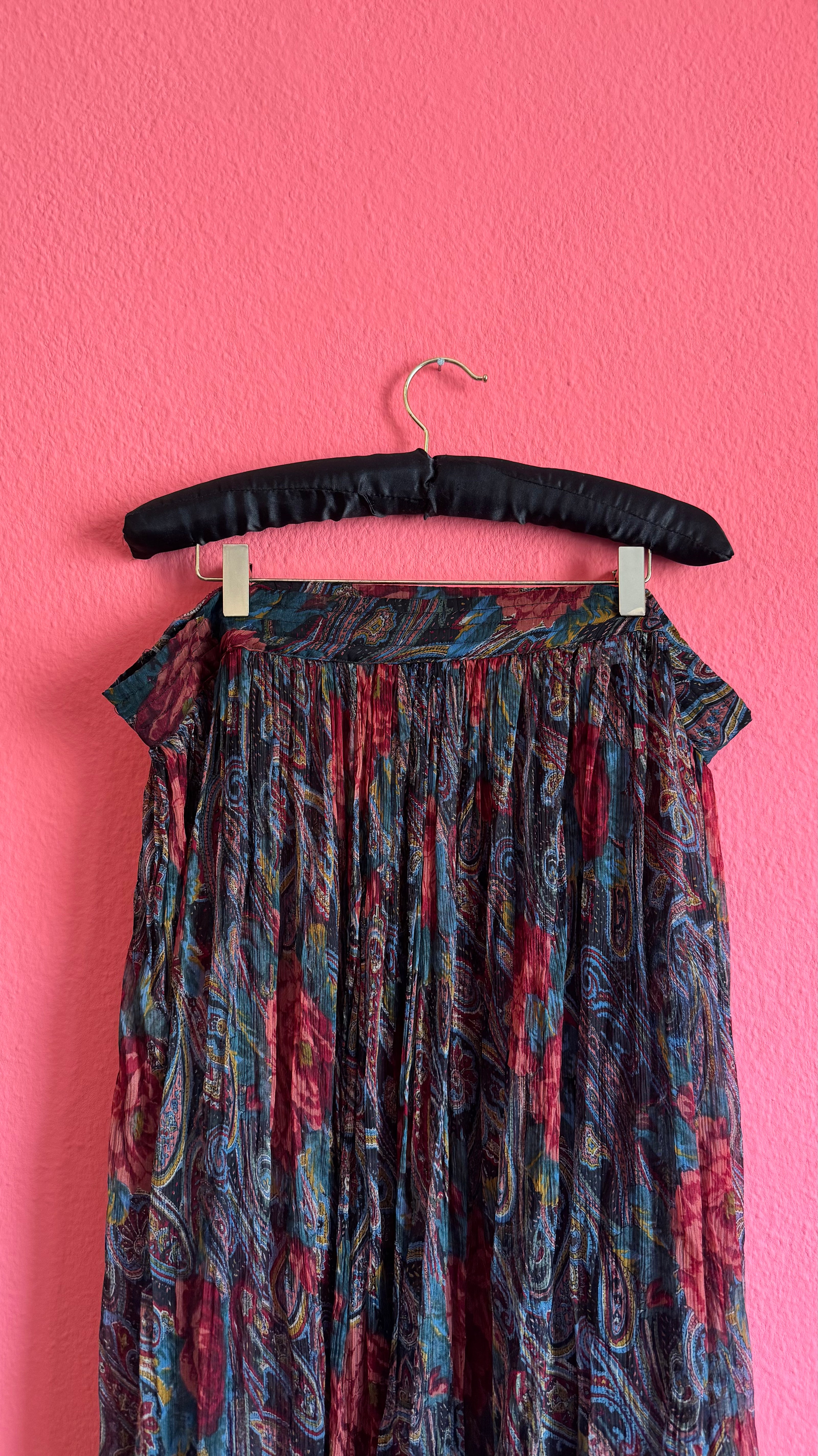 Paisley Floral Sheer Blouse and Pleated Skirt Set | 1980s