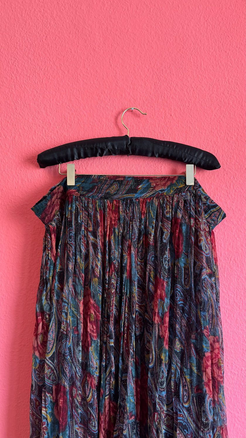 Paisley Floral Sheer Blouse and Pleated Skirt Set | 1980s