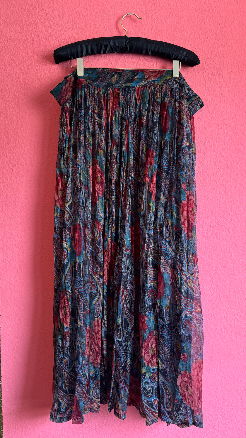 Paisley Floral Sheer Blouse and Pleated Skirt Set | 1980s