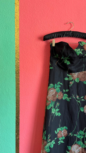 1990s Vera Mont Black Floral Strapless Dress With Coordinated Sheer Cape