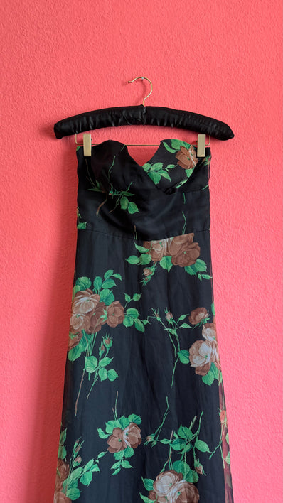 1990s Vera Mont Black Floral Strapless Dress With Coordinated Sheer Cape