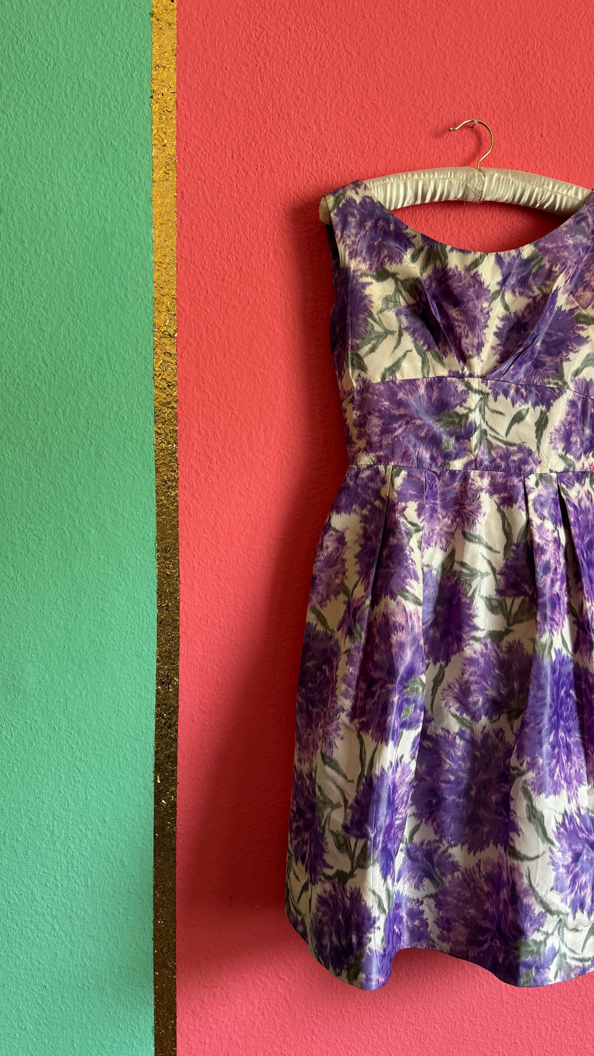 1960s Purple Floral Fit And Flare Dress