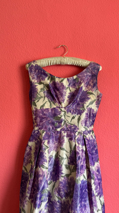 1960s Purple Floral Fit And Flare Dress
