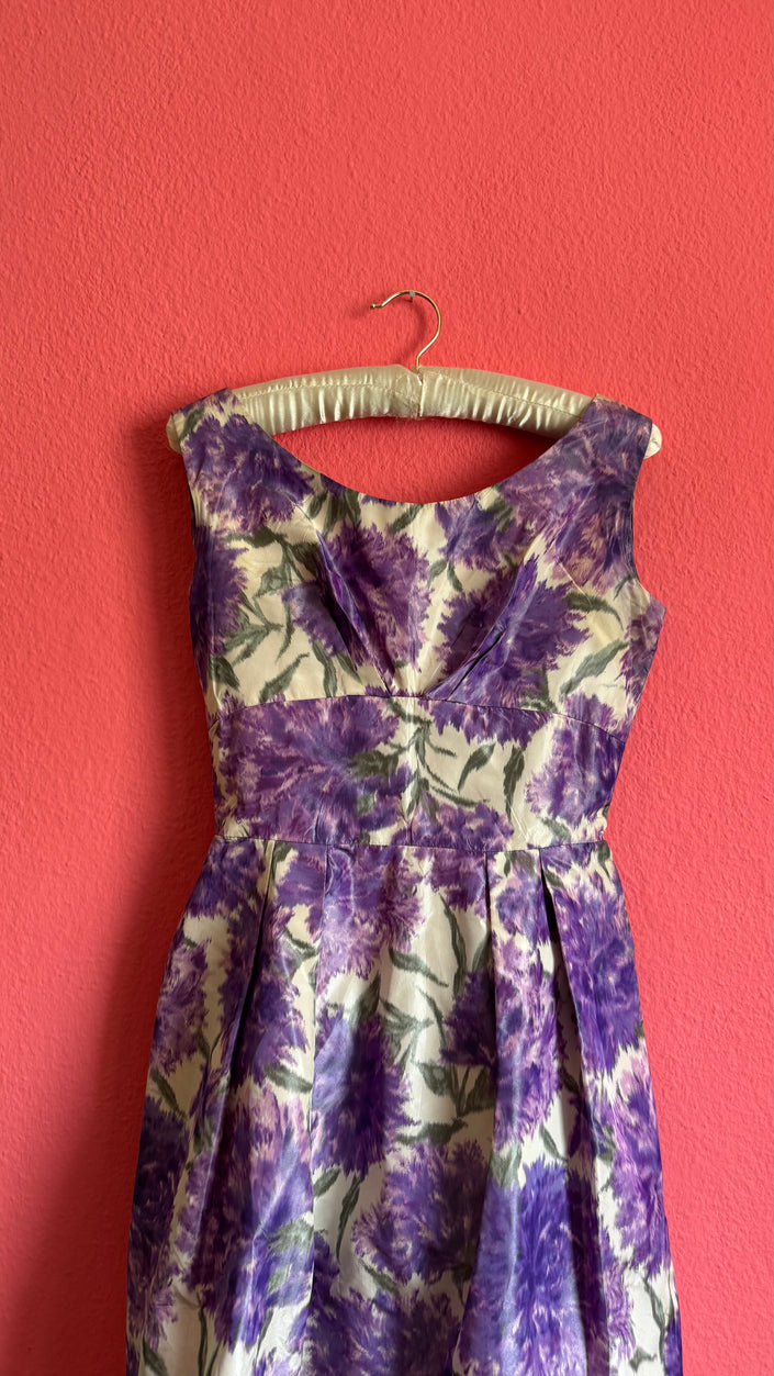1960s Purple Floral Fit And Flare Dress