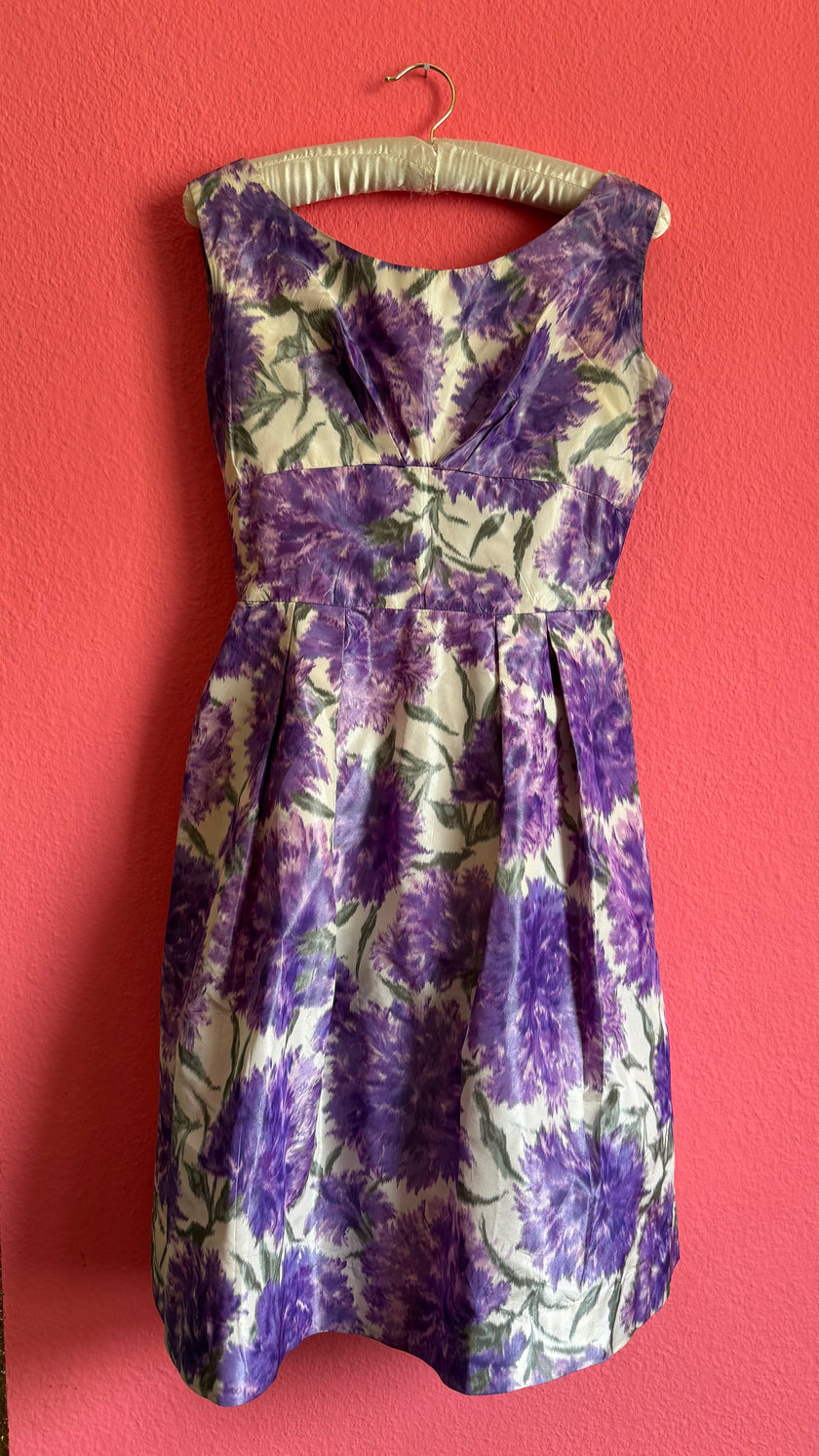 1960s Purple Floral Fit And Flare Dress