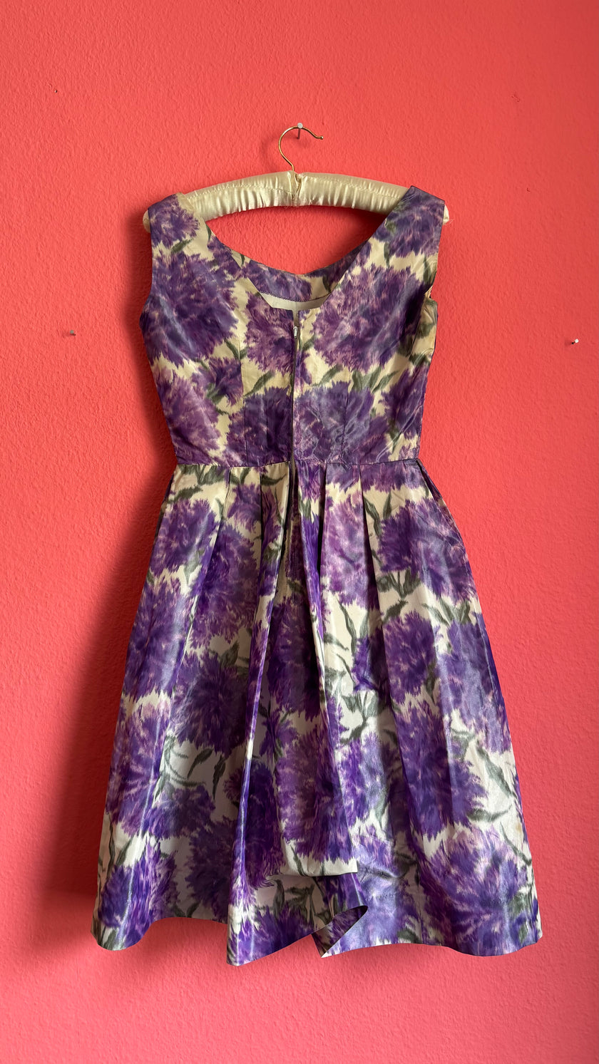 1960s Purple Floral Fit And Flare Dress