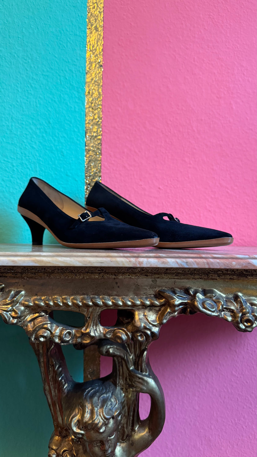 1980s Black Suede T-Strap Heels By Salvatore Ferragamo