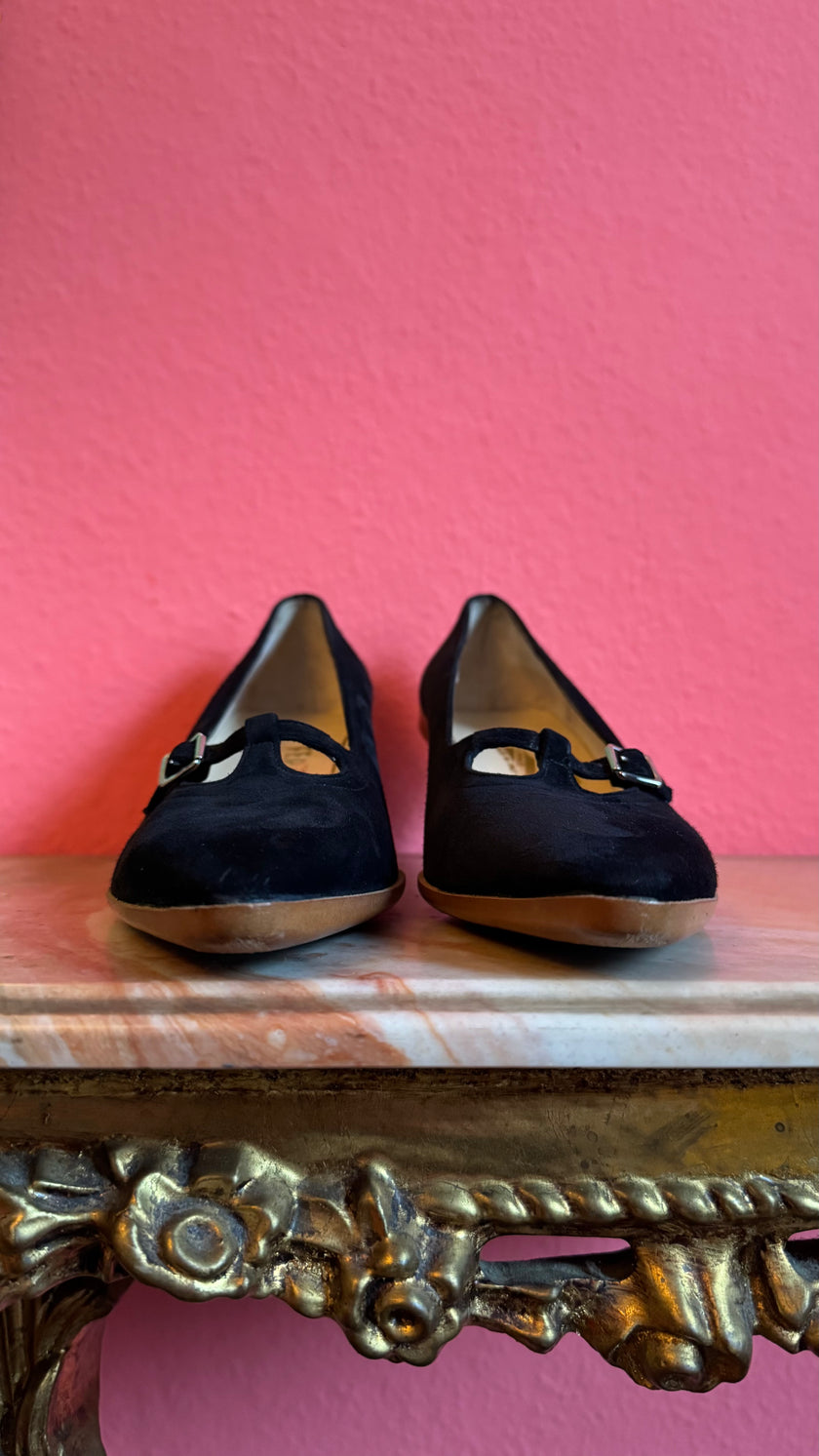 1980s Black Suede T-Strap Heels By Salvatore Ferragamo