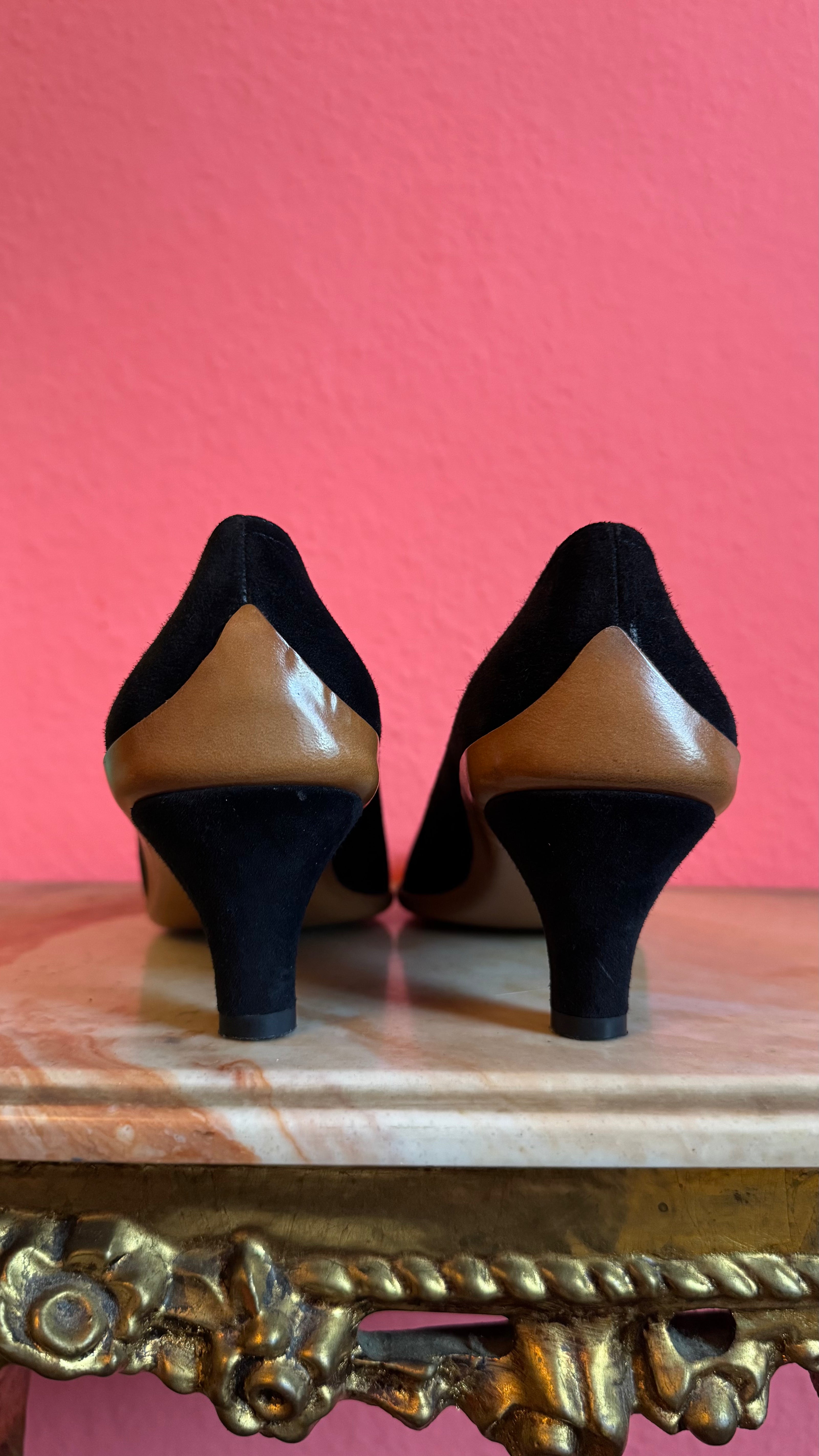 1980s Black Suede T-Strap Heels By Salvatore Ferragamo