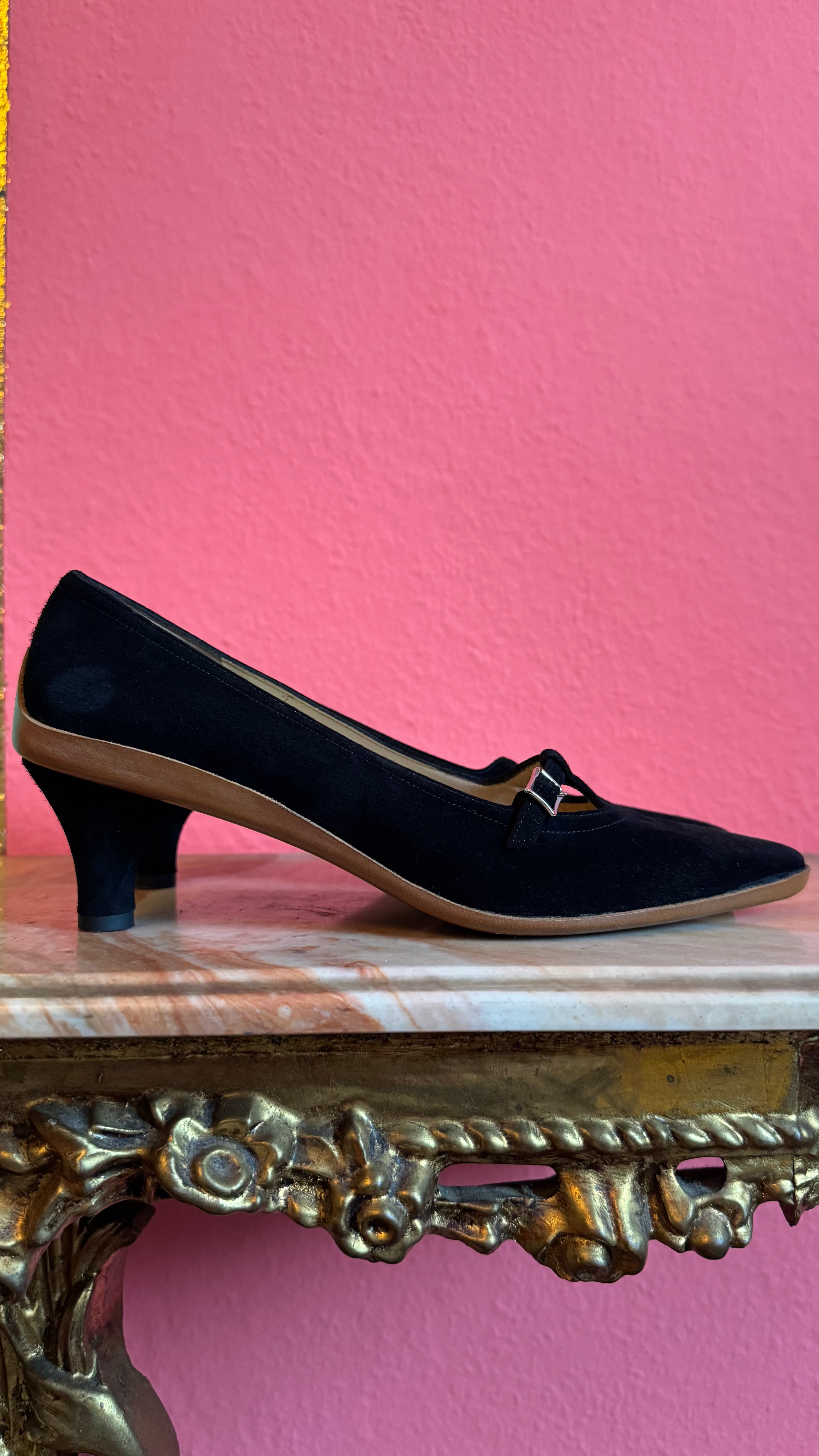 1980s Black Suede T-Strap Heels By Salvatore Ferragamo