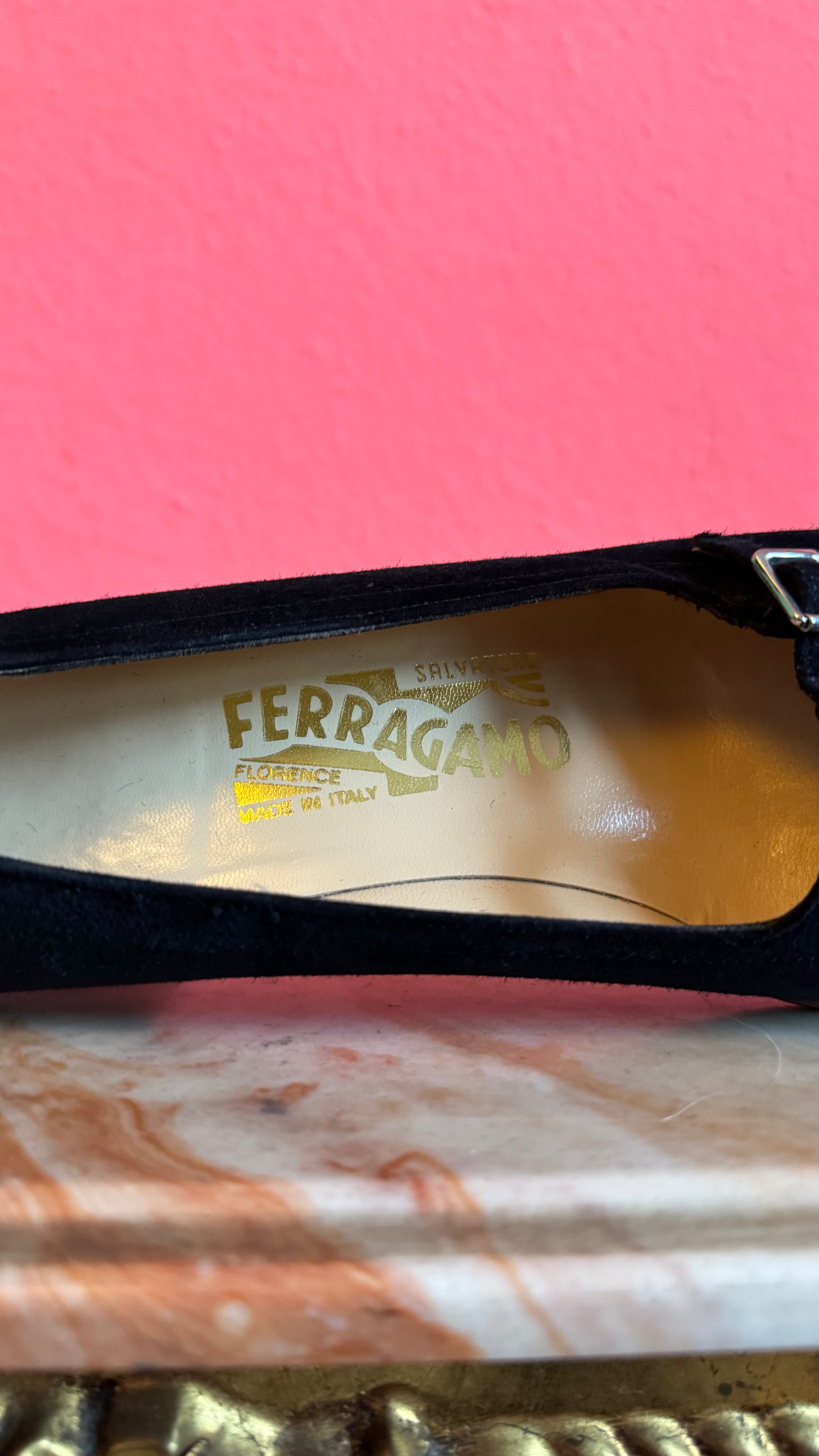 1980s Black Suede T-Strap Heels By Salvatore Ferragamo