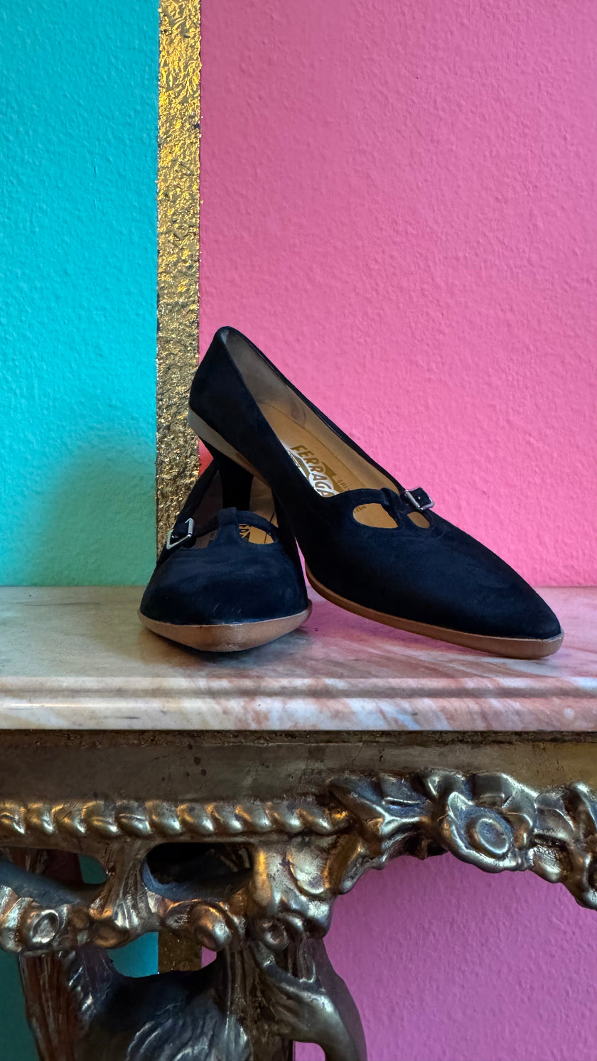 1980s Black Suede T-Strap Heels By Salvatore Ferragamo