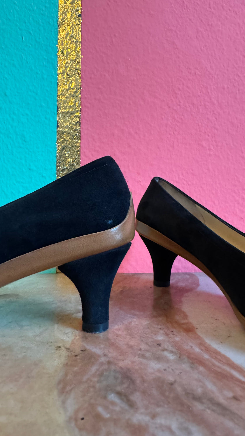 1980s Black Suede T-Strap Heels By Salvatore Ferragamo