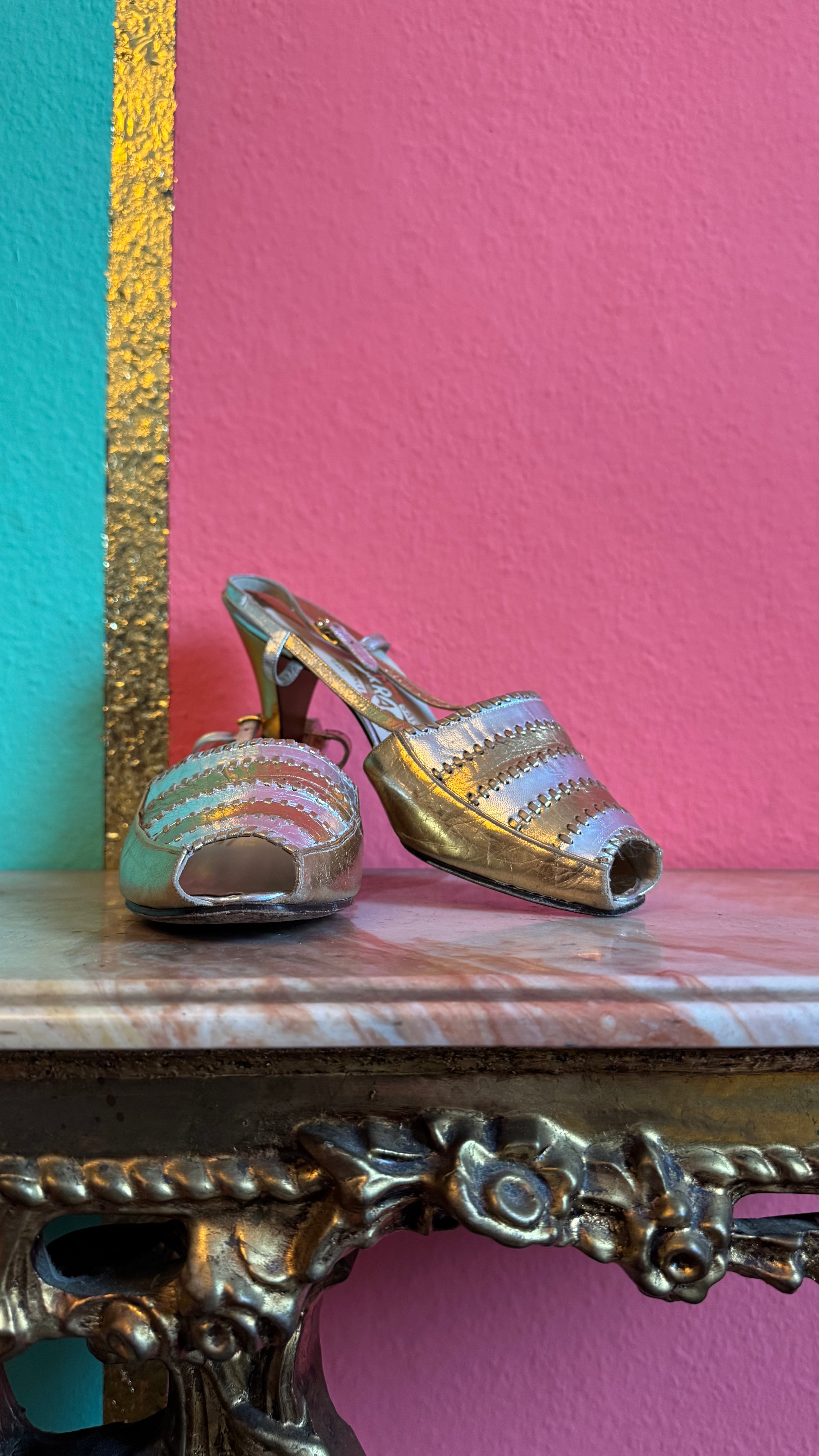 Vintage 1960s Gold Metallic Peep-Toe Heels By Salvatore Ferragamo
