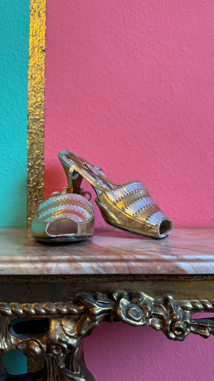 Vintage 1960s Gold Metallic Peep-Toe Heels By Salvatore Ferragamo