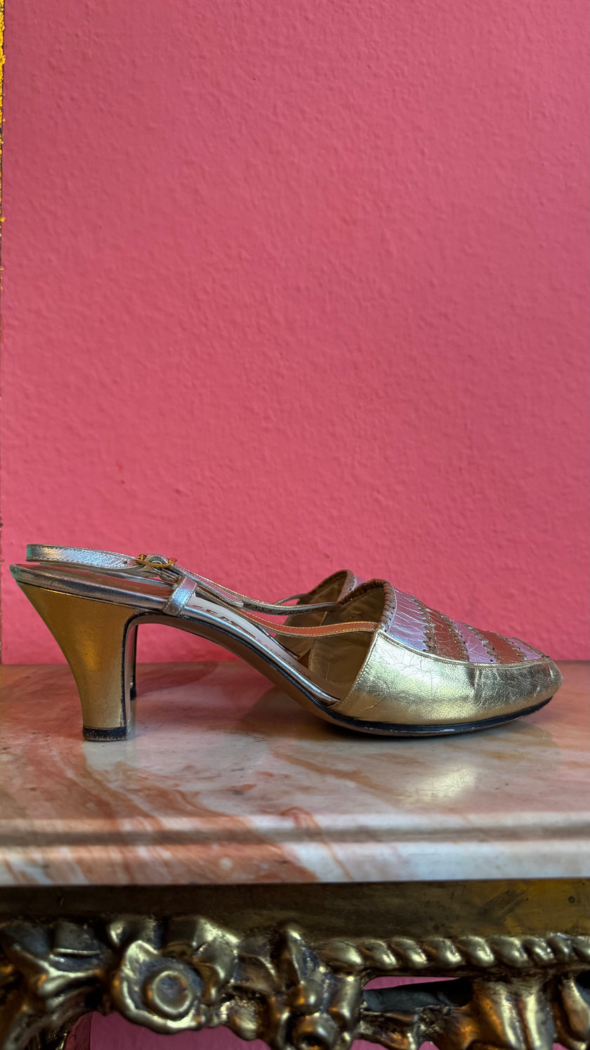 Vintage 1960s Gold Metallic Peep-Toe Heels By Salvatore Ferragamo